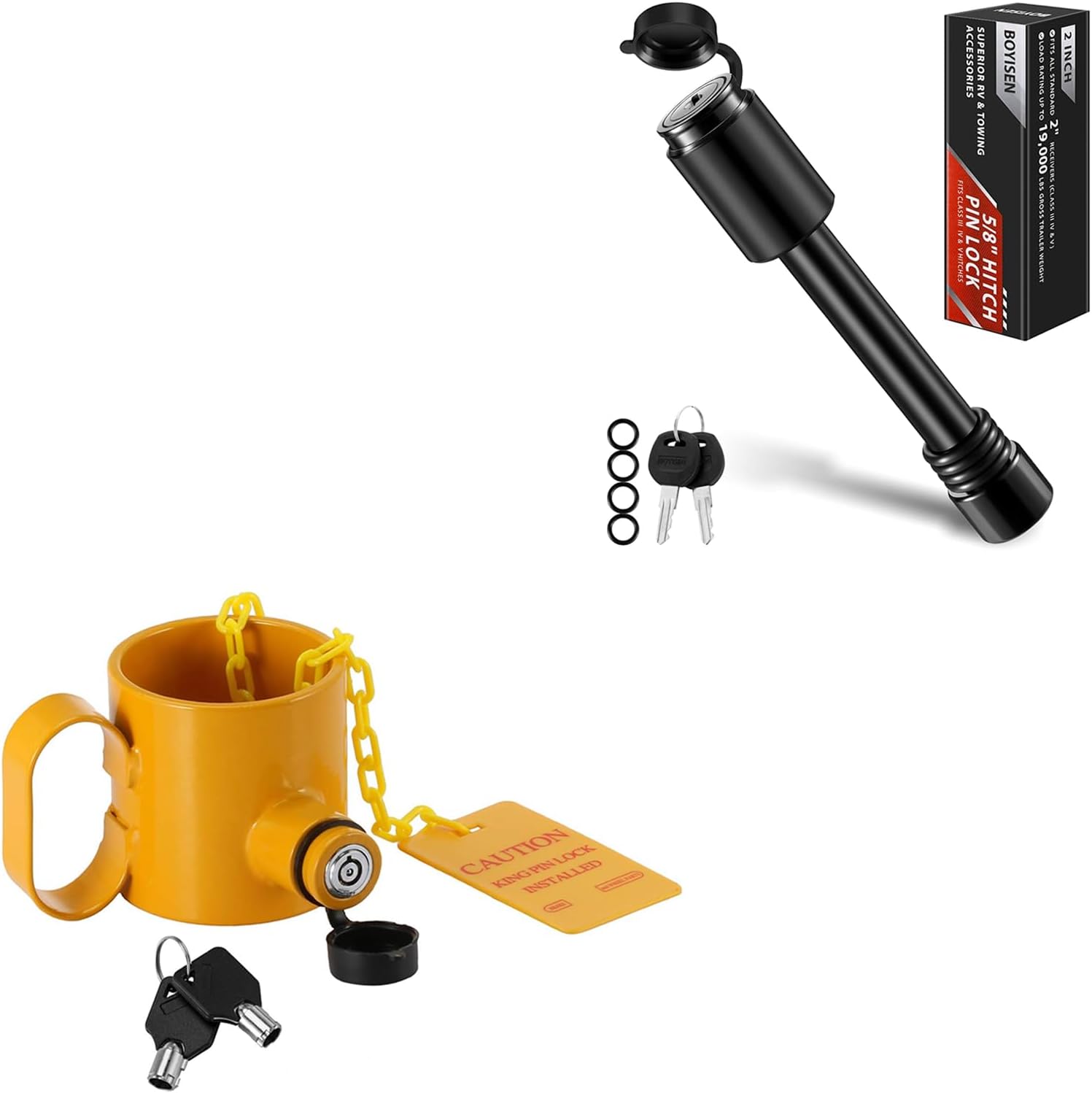 BOYISEN Trailer Hitch Pin Lock 2&2.5" Hitches(Pack of 1) and 5th Wheel King Pin Lock 3 Keys Yellow(Pack of 1)