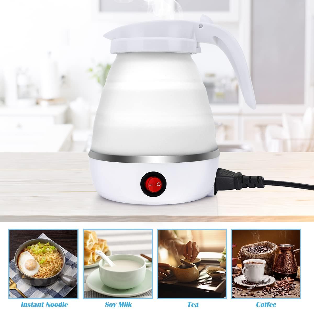 DASIAUTOEM Bollitore elettrico pieghevole da campeggio, bollitore elettrico, 0,6 l, in silicone, per cucina, viaggi, campeggio, attività all'aperto (bianco)