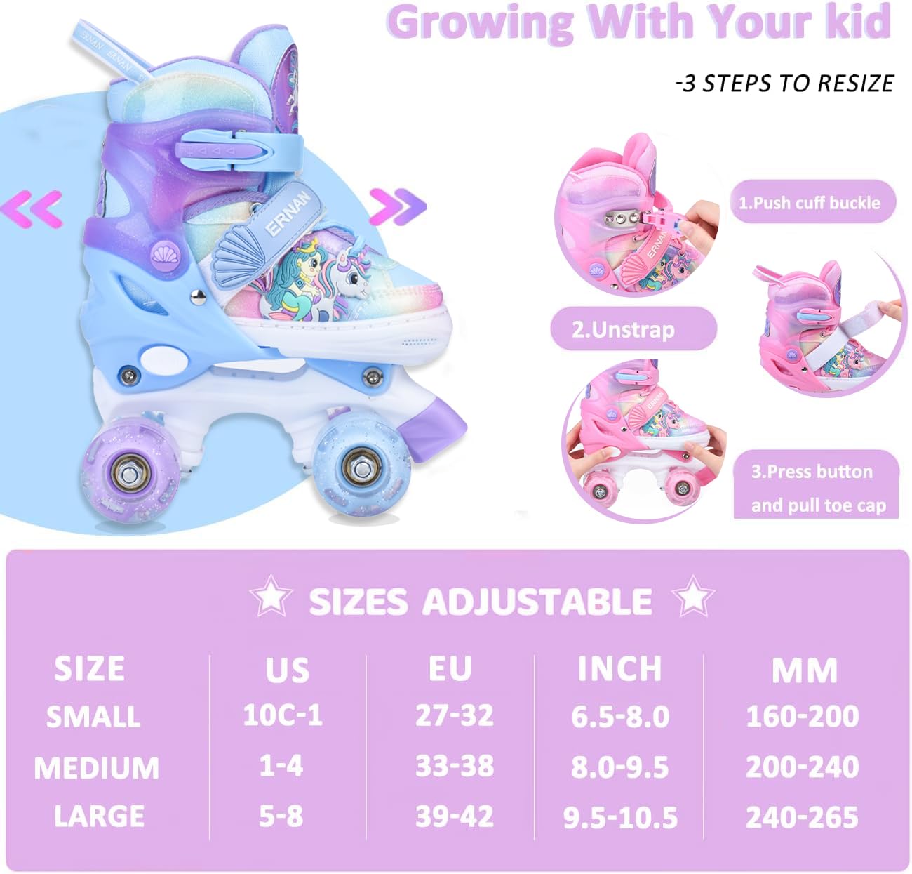 ERNAN Roller Enfant Filles et Garçons,Patin a Roulette Enfant 4 Taille Réglable, Roller Quad avec 8 Roues Lumineuses. Patins à roulettes pour Enfants pour débutants