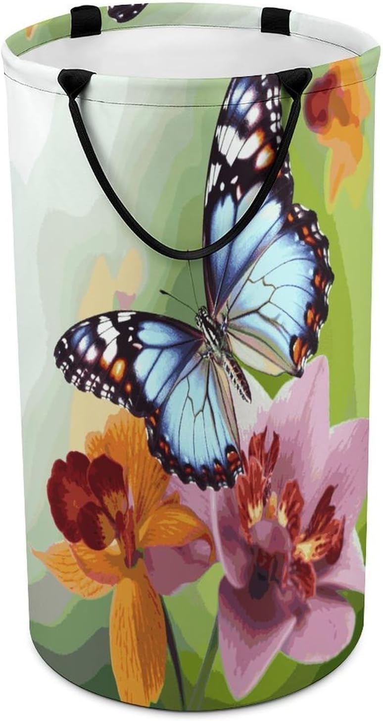 Flower Butterfly Laundry Basket 86L Laundry Hamper | Collapsible Clothes Hamper with Reinforced Handles Waterproof Tall Foldable Dirty Clothes Basket for Hotel, Home, Closet