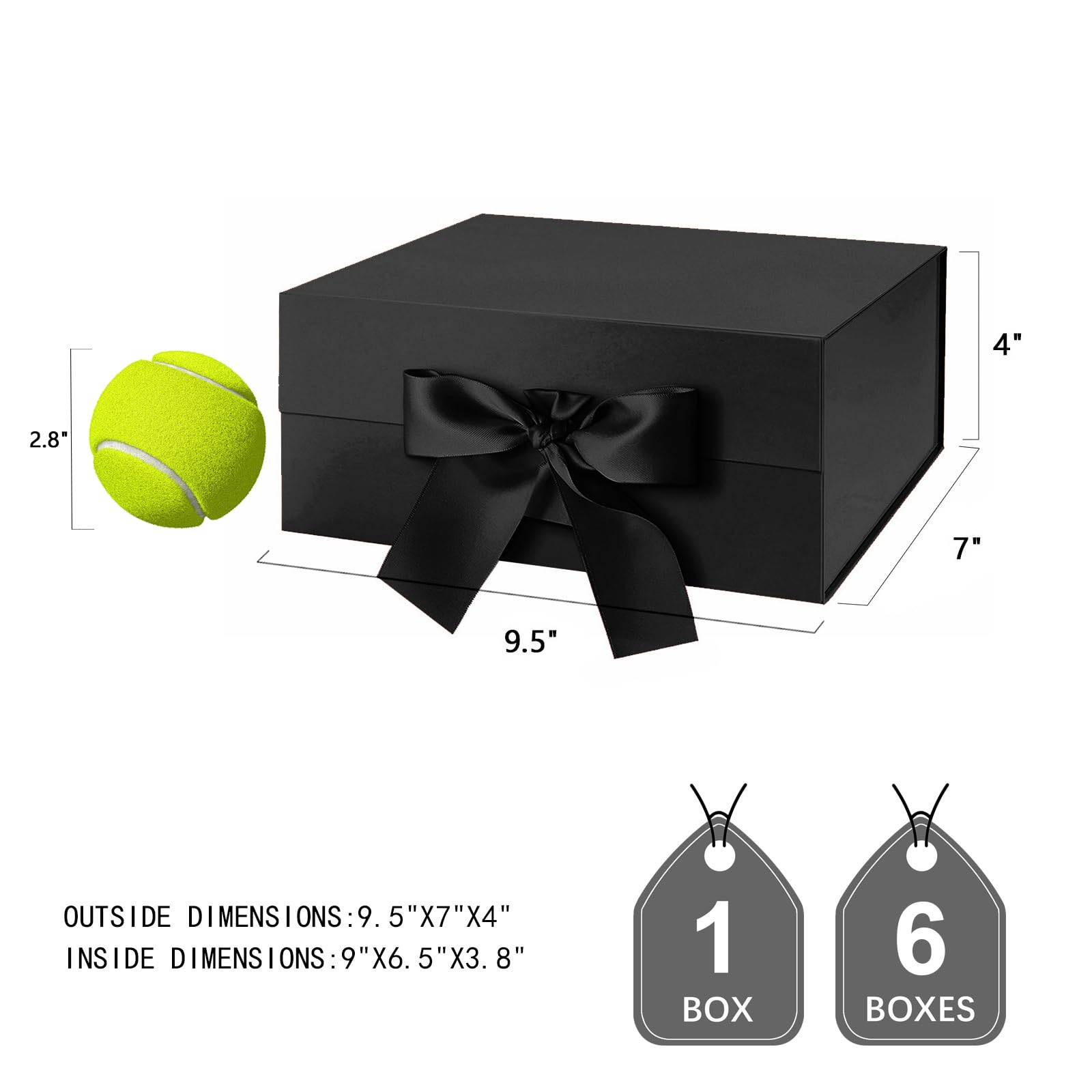 JINMING 6 scatole regalo con nastro, 22 x 16 x 9 cm, scatole regalo con coperchio, scatole regalo nere per regali, scatole per proposte di testimone, scatole regalo (nero opaco)