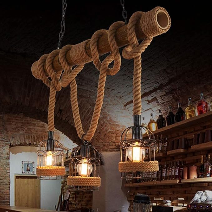 LHTCZZB LHTCZZB Retro nostalgische creatieve 3 lamp hennep touw bamboe smeedijzeren kroonluchter industriële stijl hotel restaurant bar decoratie kroonluchter creatieve theehouse internet cafe kleding winkel photo 2
