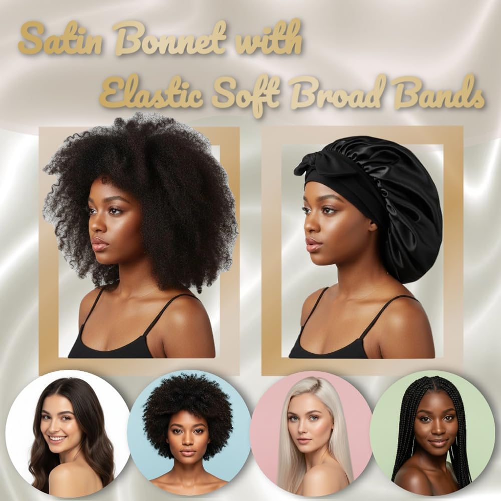 Silk Lined Bonnet for Sleeping Women Satin Bonnet Cap Double Layer Silk Hair Wrap for Curly Hair with Tie Band