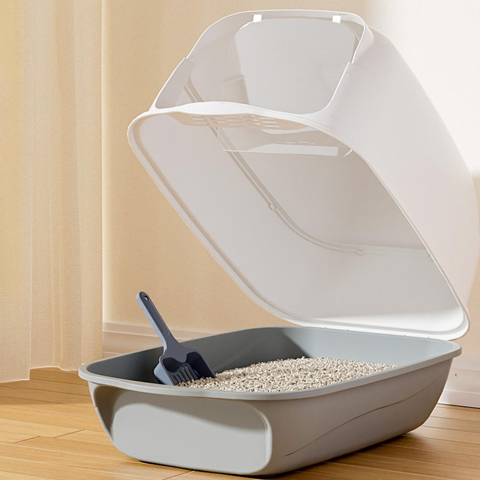Enclosed Katzenstreu Toilette mit Abgedecktem Katzenklo Faltbarem Katzenstreu Tray Toilettenwanne mit Rahmen Und Schaufel Ausgestattet Geruchsdichte F, grau