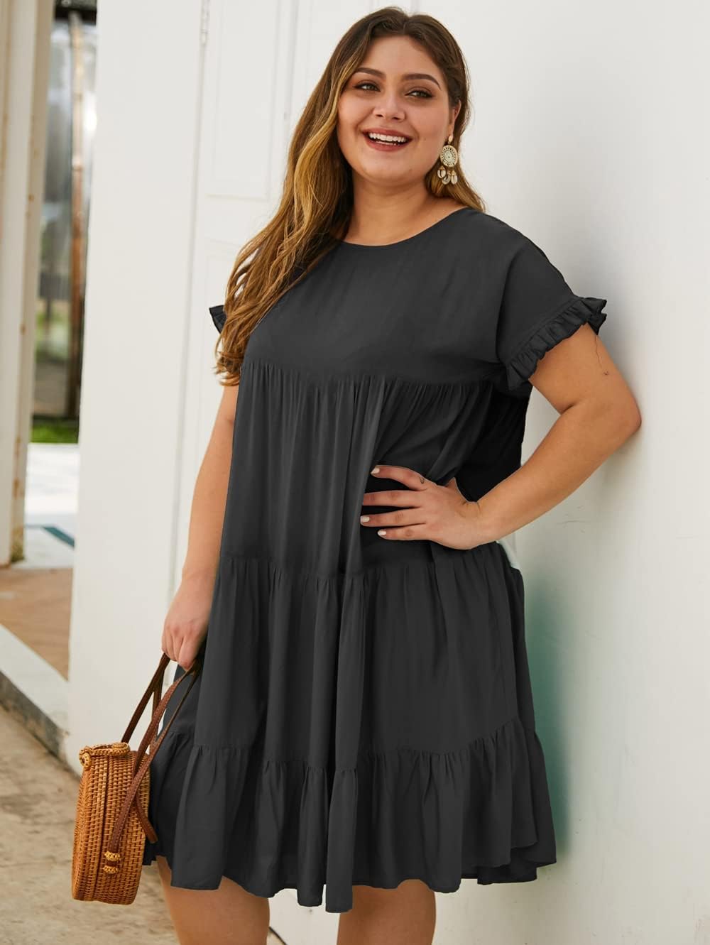 YOXUA Womens Plus Size Dress - Ruffle Short Sleeve Crewneck Color Block Loose Summer Beach Swing Dresses XL-4XL - Image 4