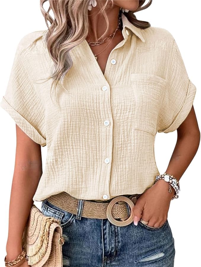 Musselin Hemd Bluse für Damen Elegant Tuniken Sommer Oberteile Kurzarm...