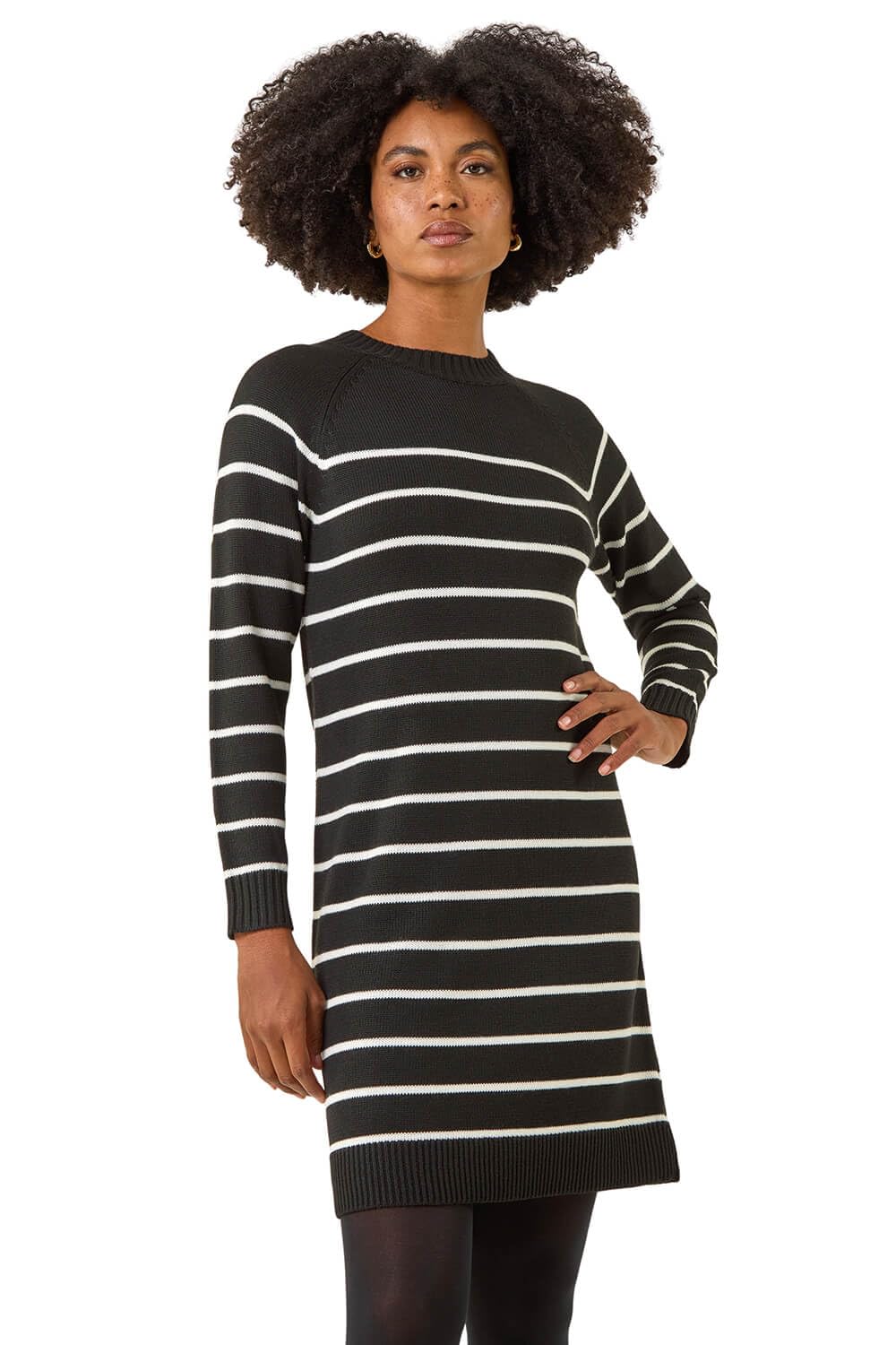 Roman Originals Women's Noir Roman Stripe Print Knitted Jumper Dress For Uk Autumn Everyday Winter Holiday Round Neckline Comfy Long Sleeve Soft Knee Length Frock Desk To Dinner - Size 14
