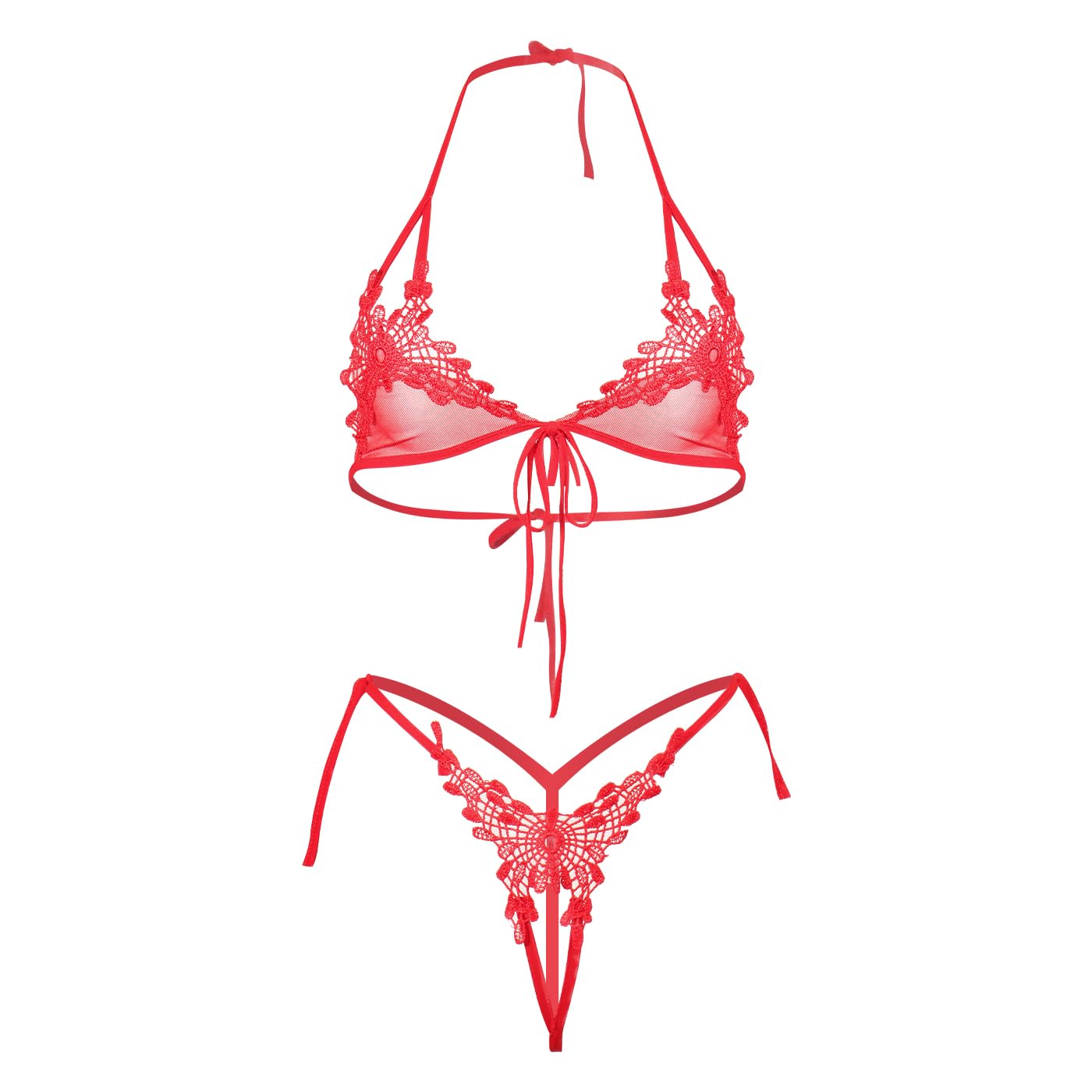 QHQQXN Conjunto de lencería Transparente, Sujetador y Panty de Malla Bordada de Dos Piezas, Top Halter con Tiras, Ropa Interior de Hilo pequeño Entrecruzado para Fiesta en la Playa y Club