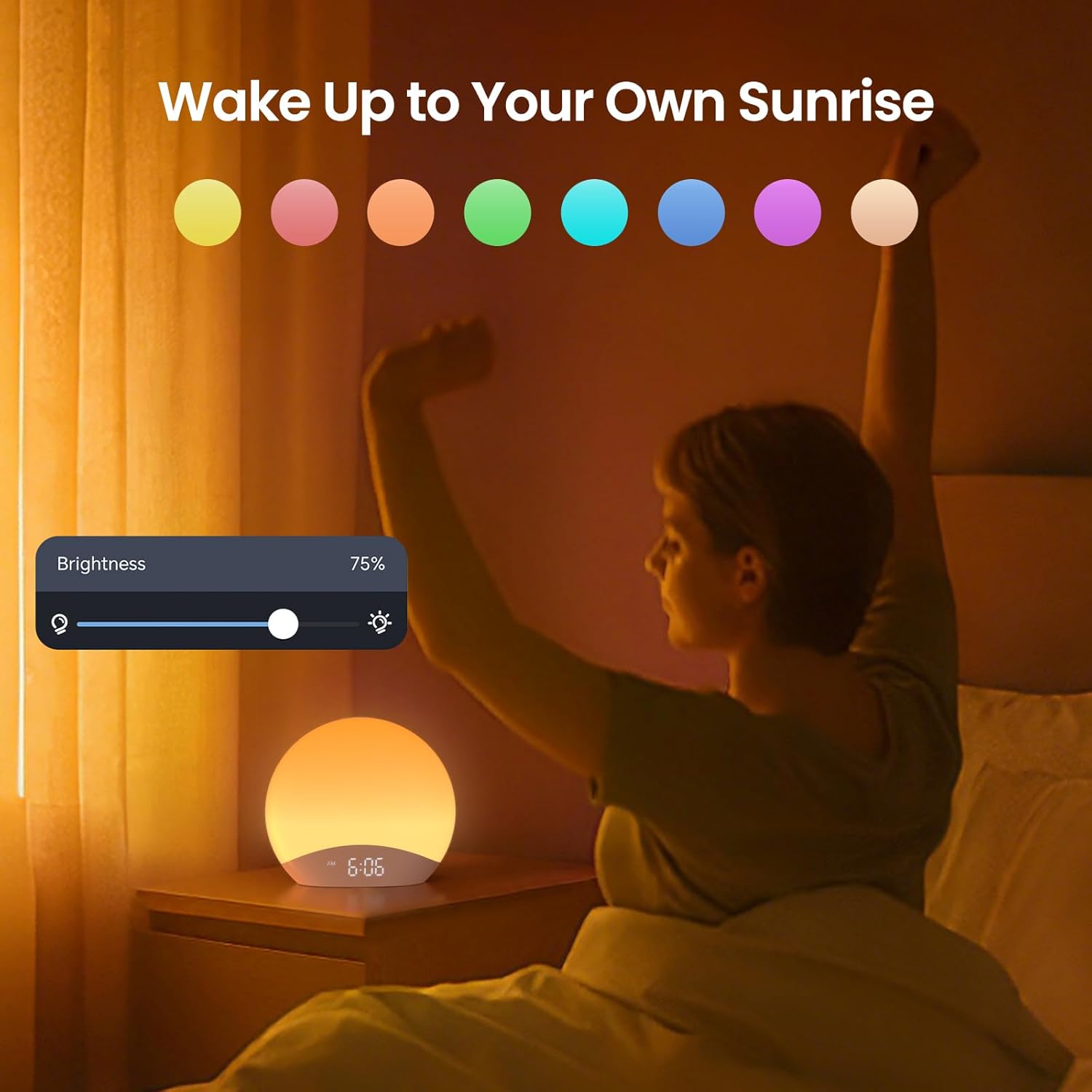 REACHER R7APP Smart Sunrise Alarm Clock with App Control, Custom Wake & Sleep Routines - Multi Sunrise Color, White Noise Sound Machine, Dimmable Display | Night Light, Screen-Free Sleep