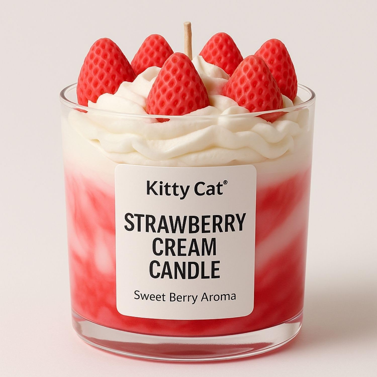 Kitty Cat® Strawberry Cream Candle – Sweet Berry Aroma | Whipped Cream & Strawberry Wax Toppers | Long Burning Soy Wax Scented Candle | Aesthetic Home Décor & Cute Gifting for Girls, Bedroom| 200g-image-1