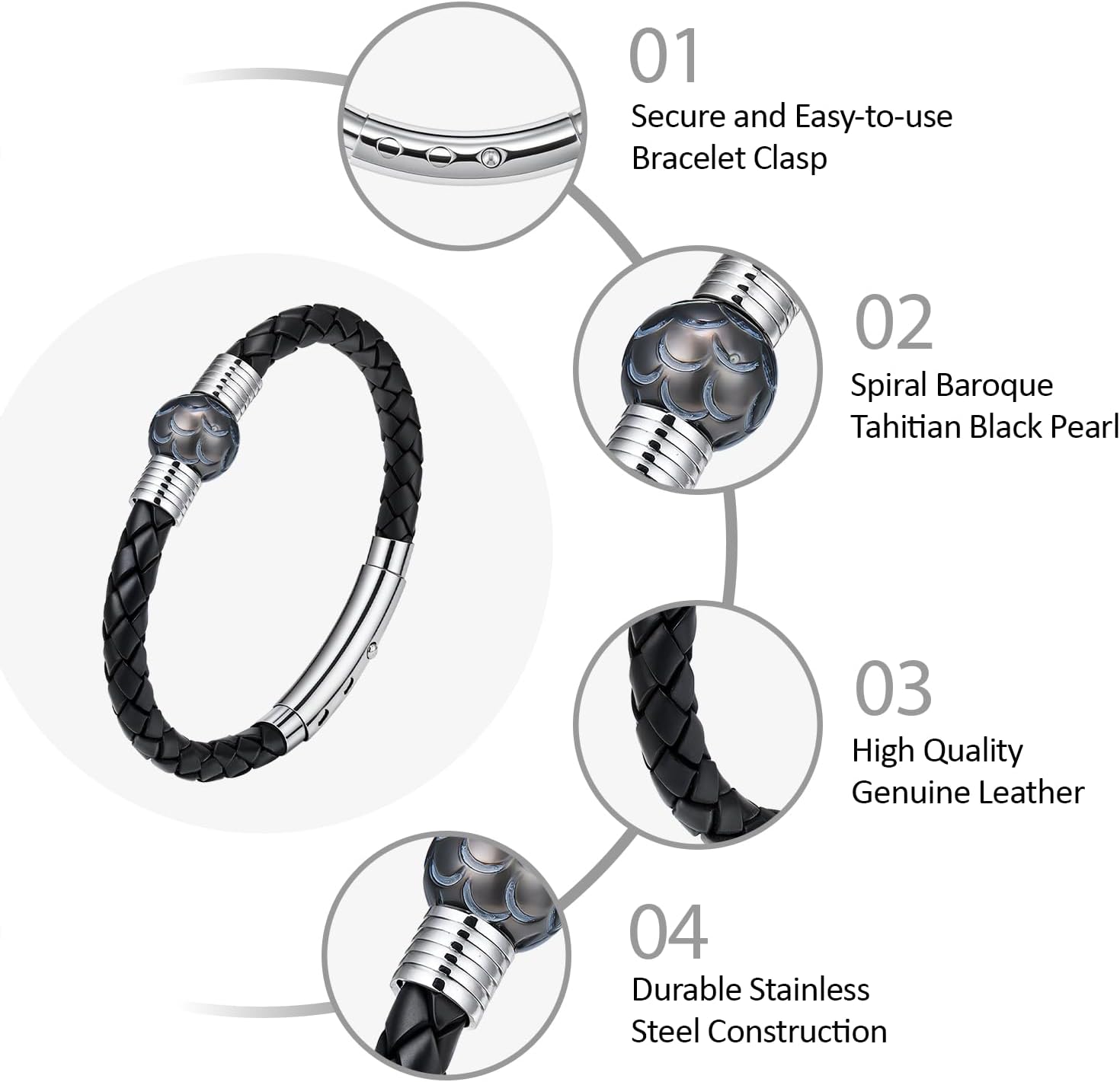 12-13mm Hand-carved Seawater Tahitian Black Pearl Bracelets for Men - Luxury Gifts for Husband Boyfriend, Braided Genuine Men's Leather Bracelet, Anniversary Father Day Birthday Gifts for Him Dad Son
