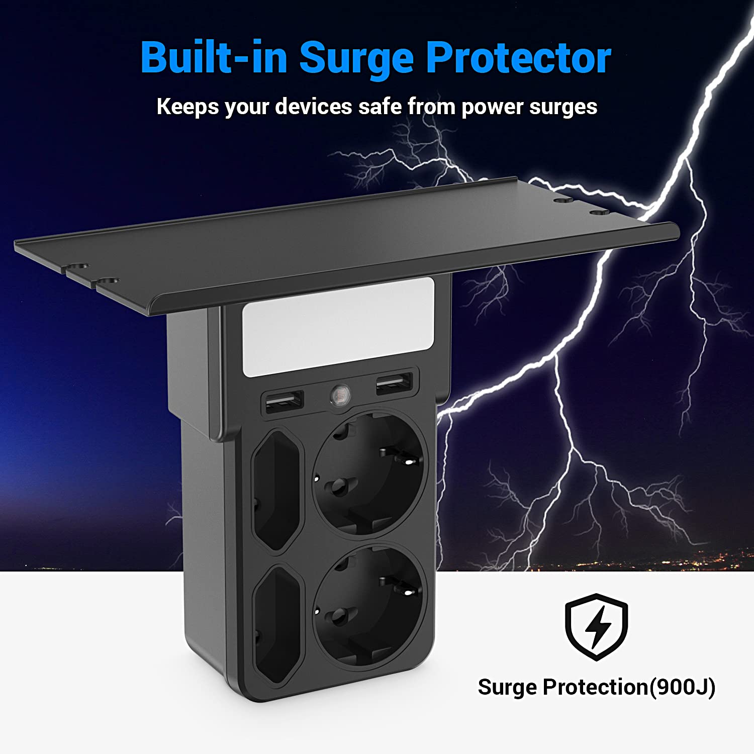 Ciabatta Multipresa Elettrica Prese a Muro con 2 Porte USB e 4 Prese, con Luce Notturna, Due Supporti per Posizionare Oggetti, Utilizzato in Bagno, Cucina, Nero