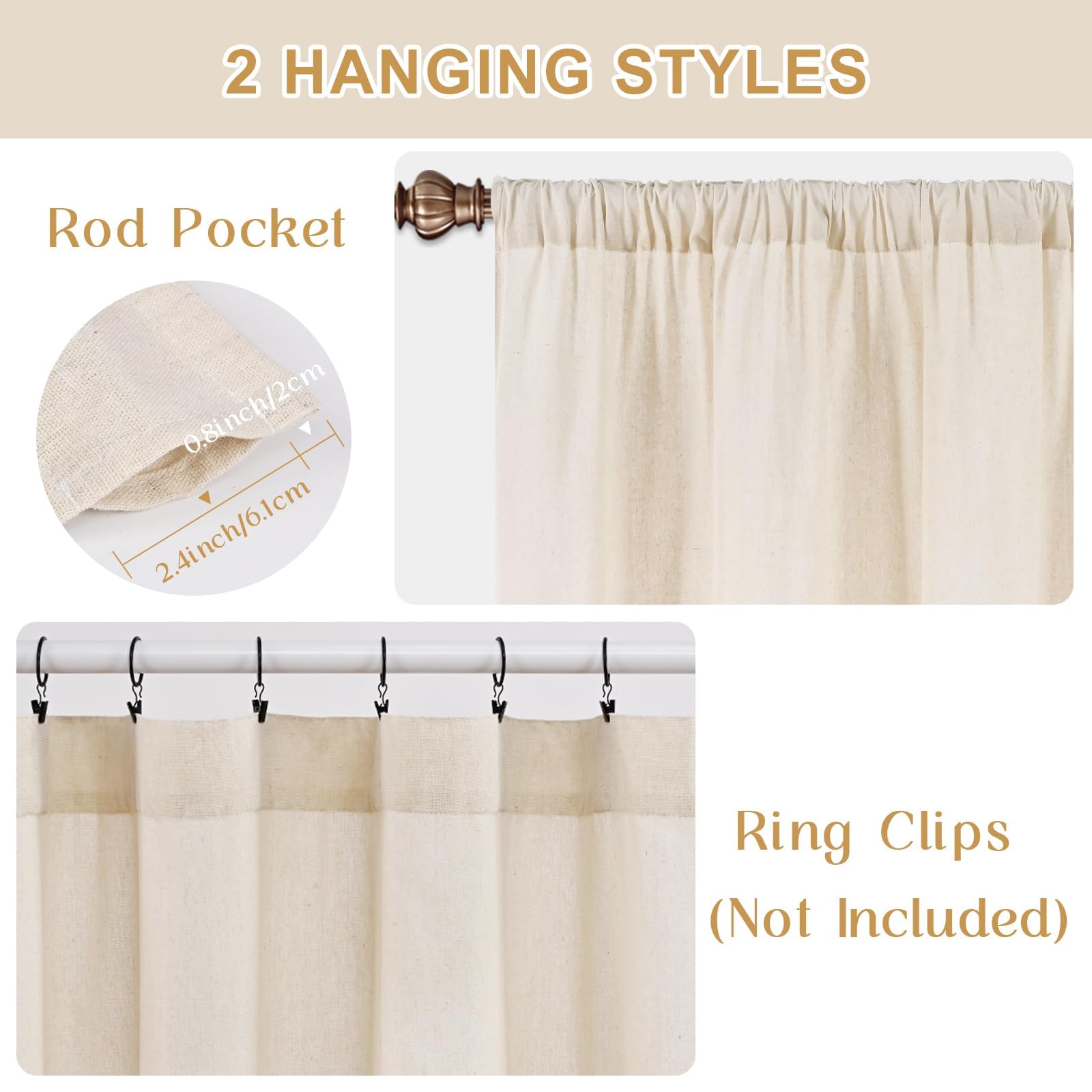 Rideaux de cantonnière en coton et lin de style rustique de style rustique avec passe-tringle pour café, salle de bain, chambre à coucher - Gris foncé et naturel