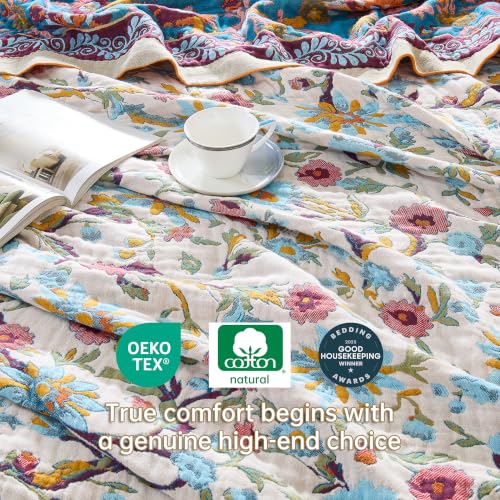 Image of VANJOROY Boho Throw Blanket, 100% Organic Cotton Breathable Skin-Friendly Ultra Soft 50 inch x 60 inch Bed Quilt Throw - Floral Rustic Decor Luxury Reversible Blanket for Sofa Couch Chair and Gift,