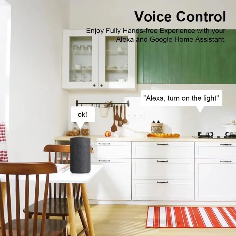 Person using voice control with an Amazon Echo device in a kitchen setting