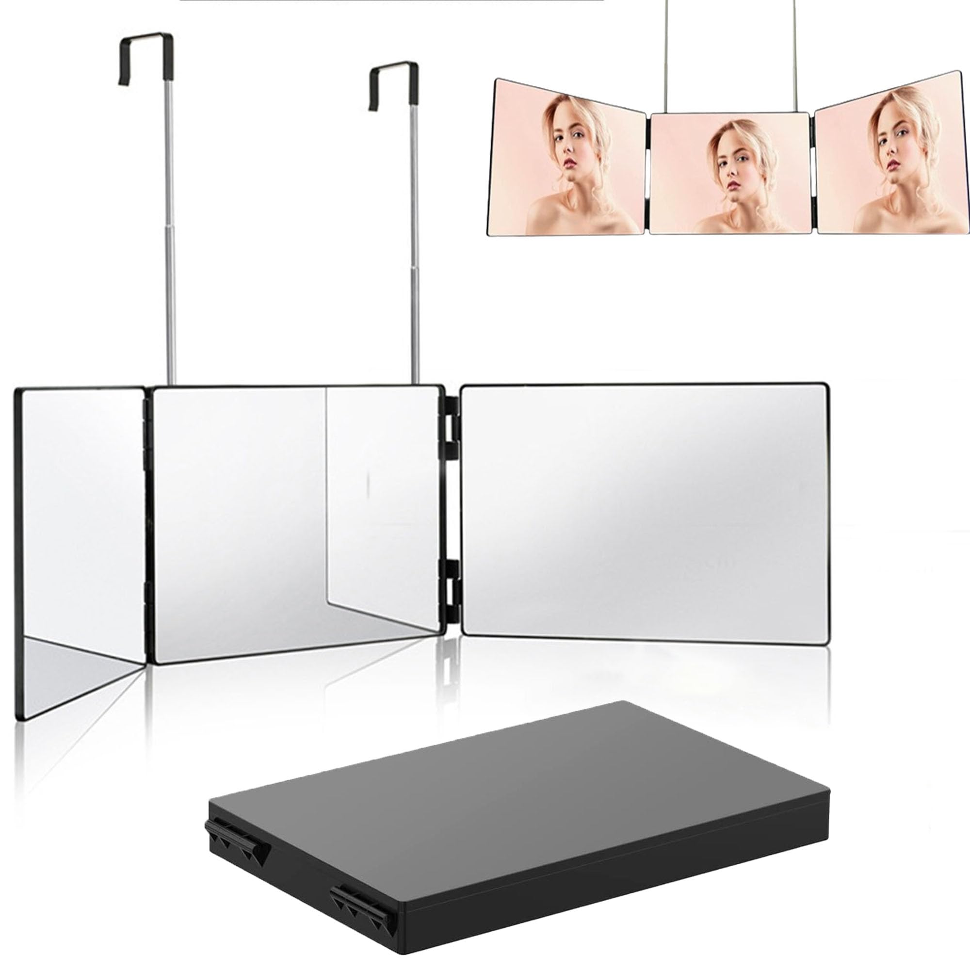 WYFCR Espejo de 3 Vías con Ganchos con LED, Espejo Auto Corte De Pelo 360°, Ajustables en Altura,portátil para Viajes,dormitorios,para Corte de Pelo, Afeitado, Maquillaje