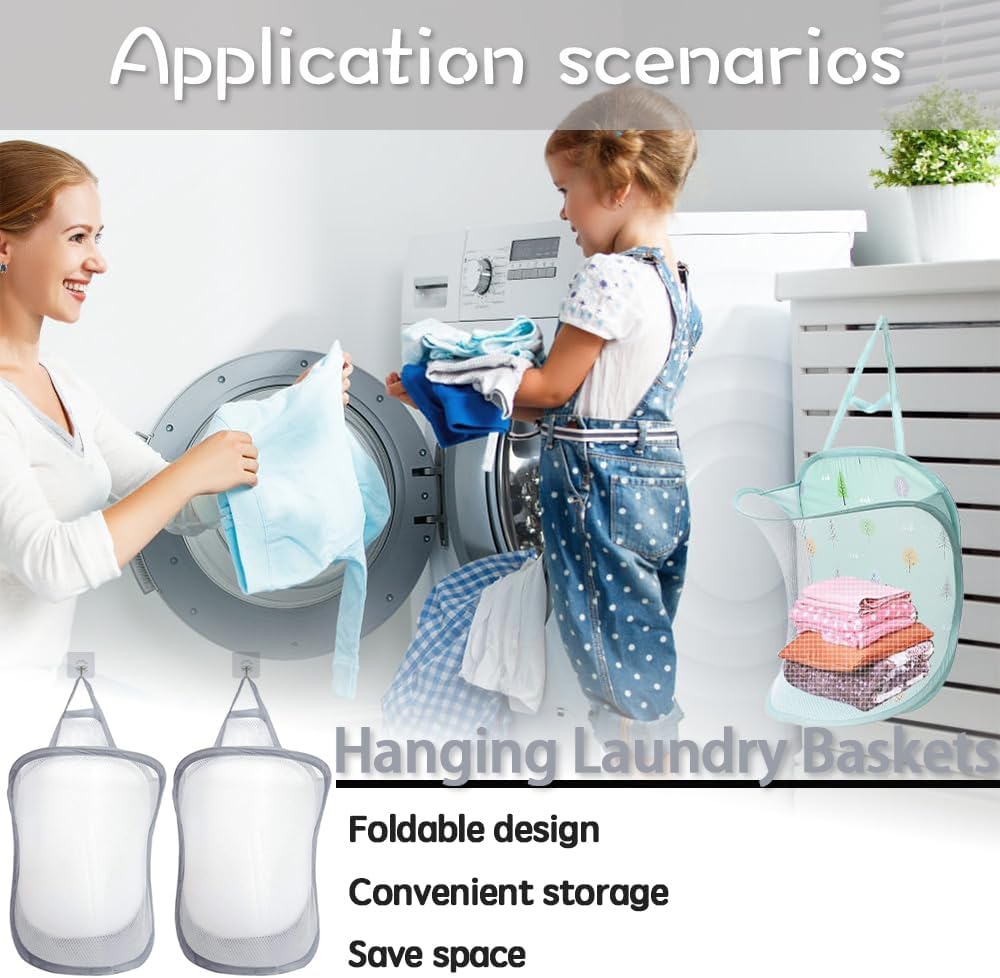 2 PCS Collapsible Laundry Basket Hanging Hamper with Handle Mesh Clothes Hamper Portable Foldable Clothes Baskets for Dorm Laundry Room Bathroom Travel Storage Gray