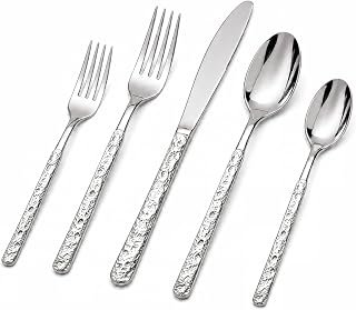 40-Piece Silverware Set Stainless Steel Hammered Flatware Service for 8 | Heavy Duty Mirror Polish Dishwasher Safe Utensils Cutlery Set Including Steak Knife Fork and Spoon for Daily Dining & Gift