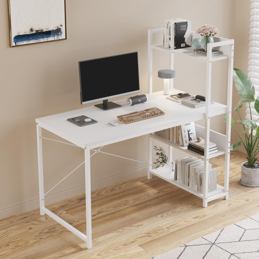 Jantens Computer Table with 4 Tier Shelves for Home Office Desks & Workstations,Study Desk, Gaming Table,Modern Simple Style Writing Desk Table,Ergonomic 110 L x 50cm W x 72cm H (White)