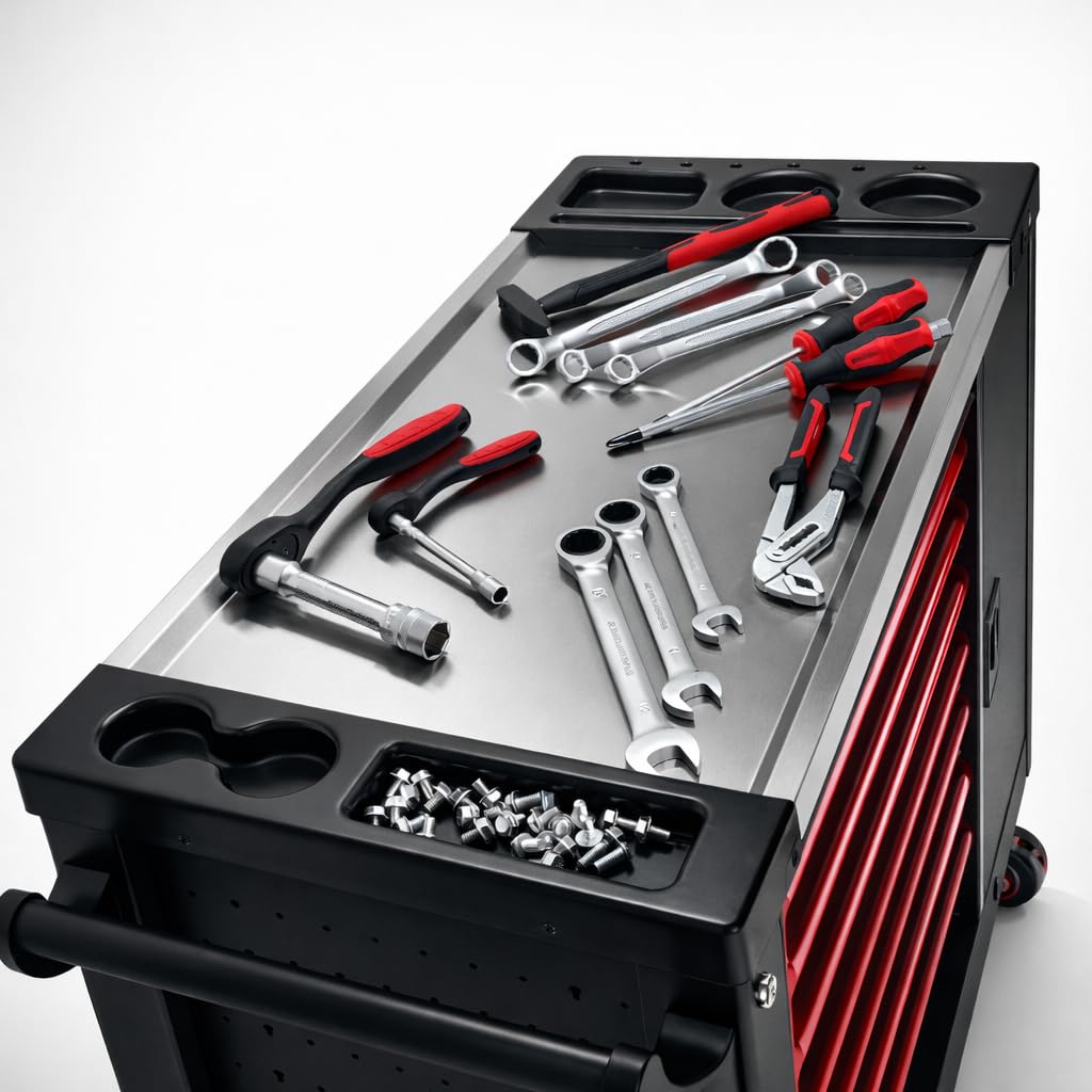 DeTec. Chariot à outils XXL rempli d'outils | 7 tiroirs équipés | Servante d'atelier automobile aspect carbone | Boîte à outils de voiture équipée d'outils professionnels