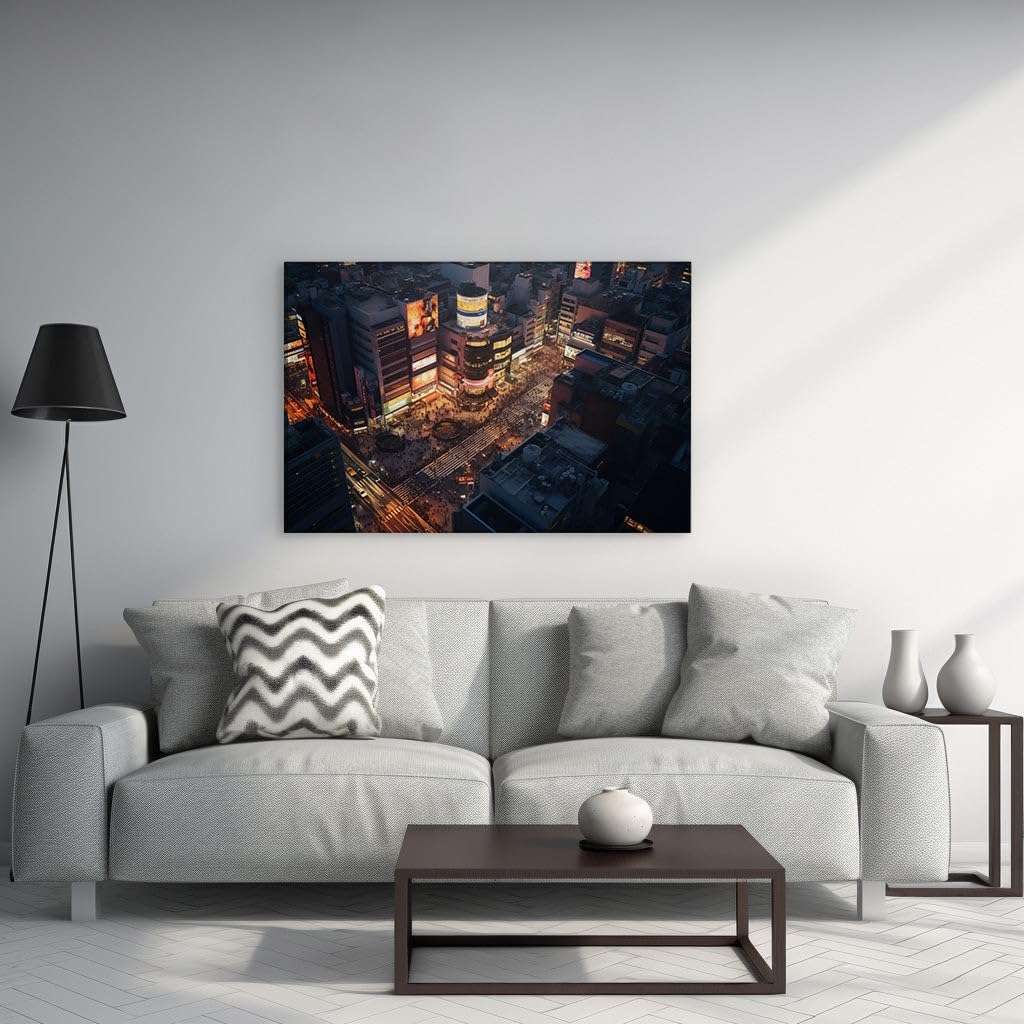 Canvas for Living room. Nighttime Pulse in the Heart of the City: A Lively Intersection Under the Red Glow, 27 x 18 inch Canvas Wall Art - Modern Home Decor