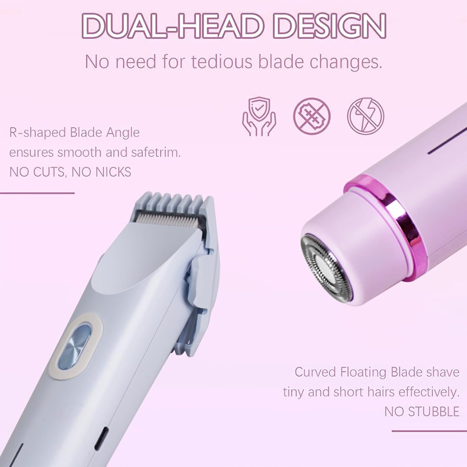 Klyne - Rasoio elettrico 2 in 1 da donna per pelli sensibili, bikini Clipper e ricarica USB, impermeabile IPX7, per bikini, gambe, ascelle e naso (rosa)