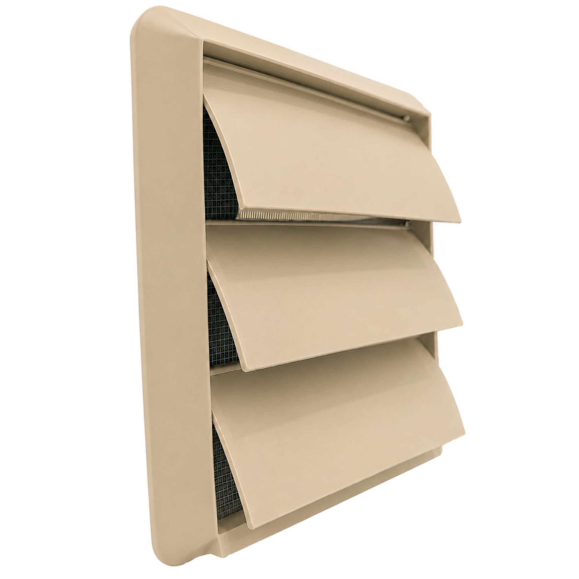 Beige Gravity Backdraft Stop Vent Grille with Flyscreen – External Air Vent Cover with 4" Inch/100mm Round Spigot Connection