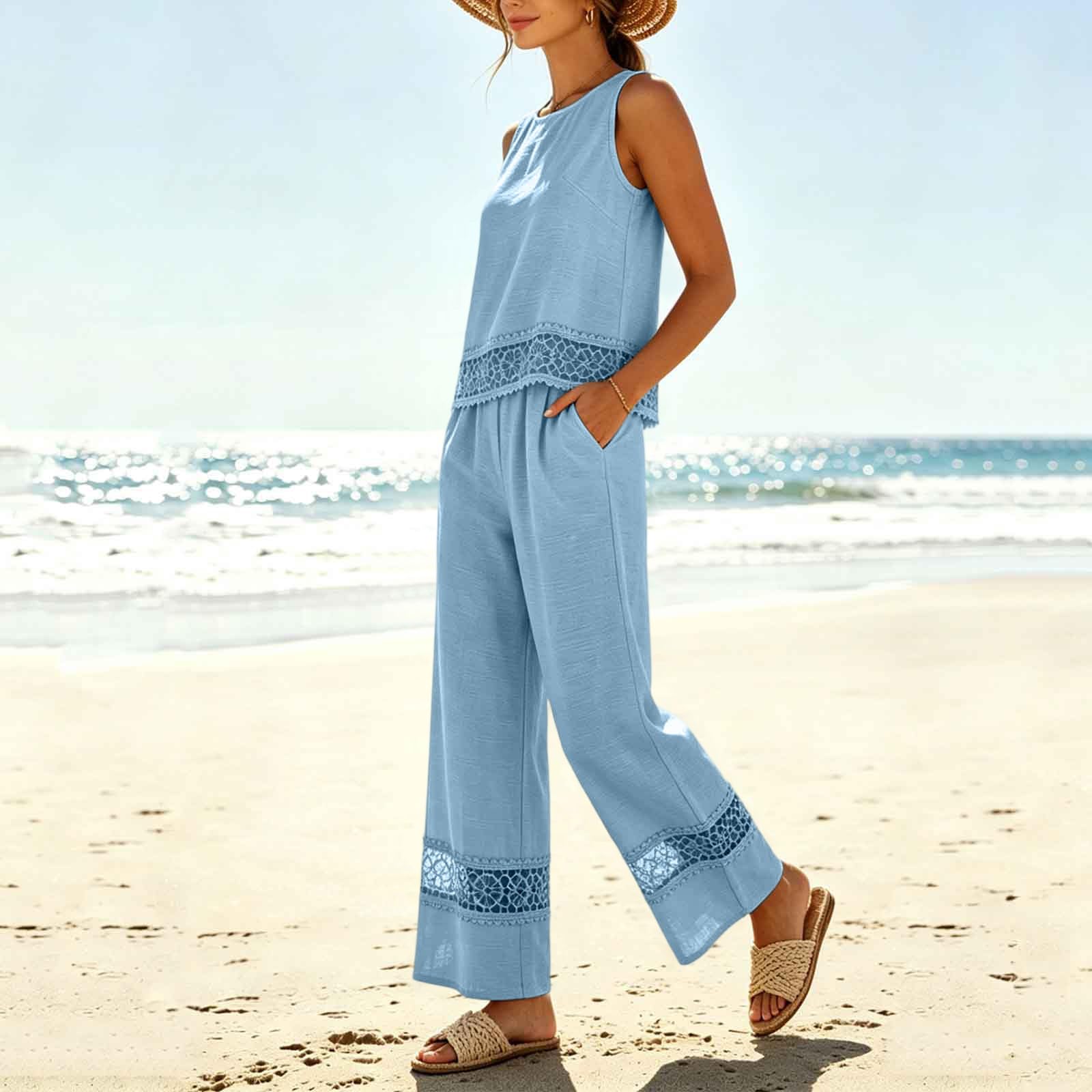 Générique Ensemble Femme Chic et Élégant Bohème, Deux Pièces Top Sans Manches Pantalon Large, Tenue Décontractée Léger Respirant pour Vacances d'Été et Sorties Quotidiennes à Dentelle 2 Pièces