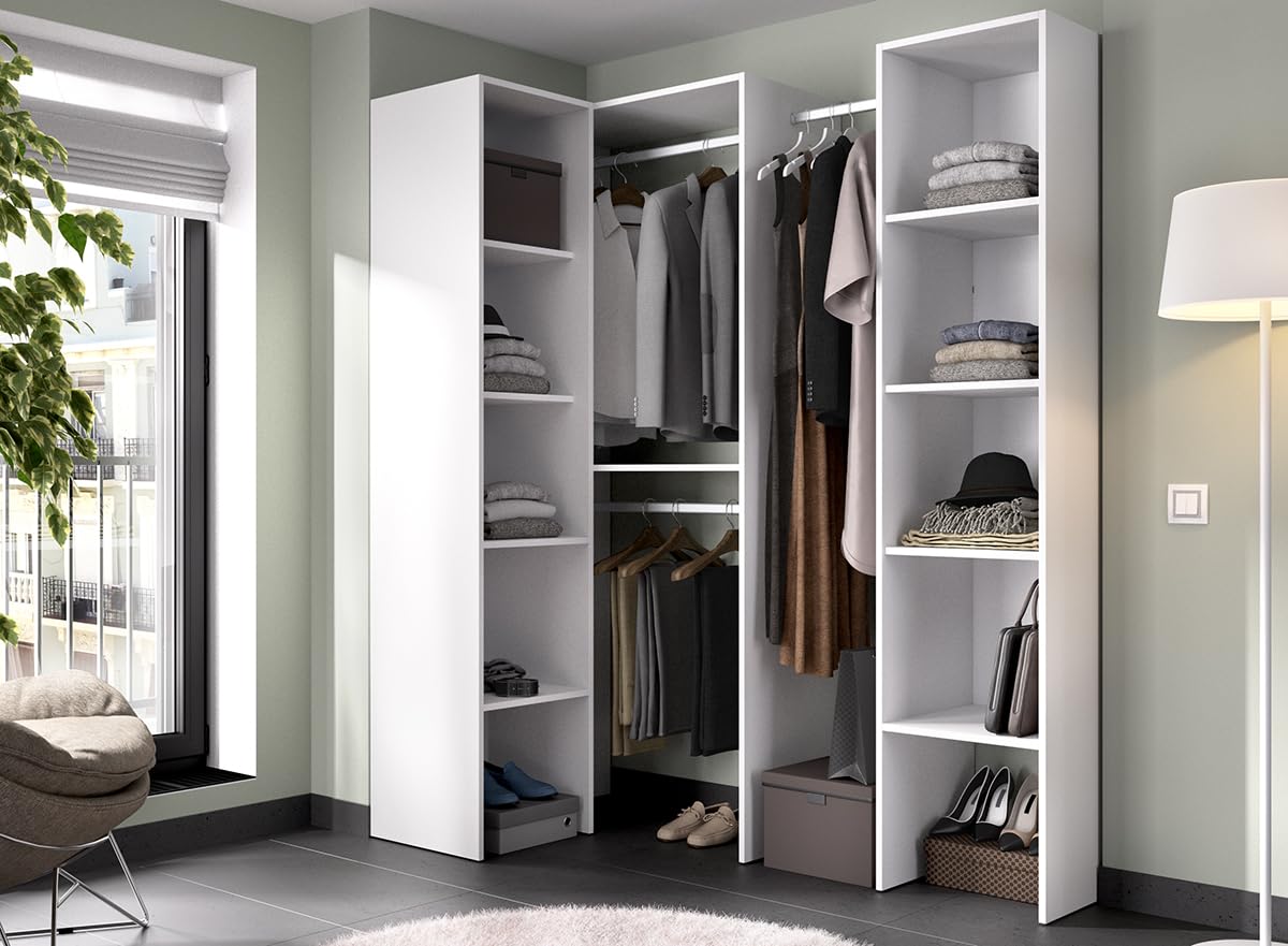 DEKIT GRUPO RIMOBEL SUIT - Conjunto de Vestidor rinconero con dos columnas y zona de barras - Blanco - 185 cm (Alto) x 226 cm (Ancho) x 80 cm (Prof.)