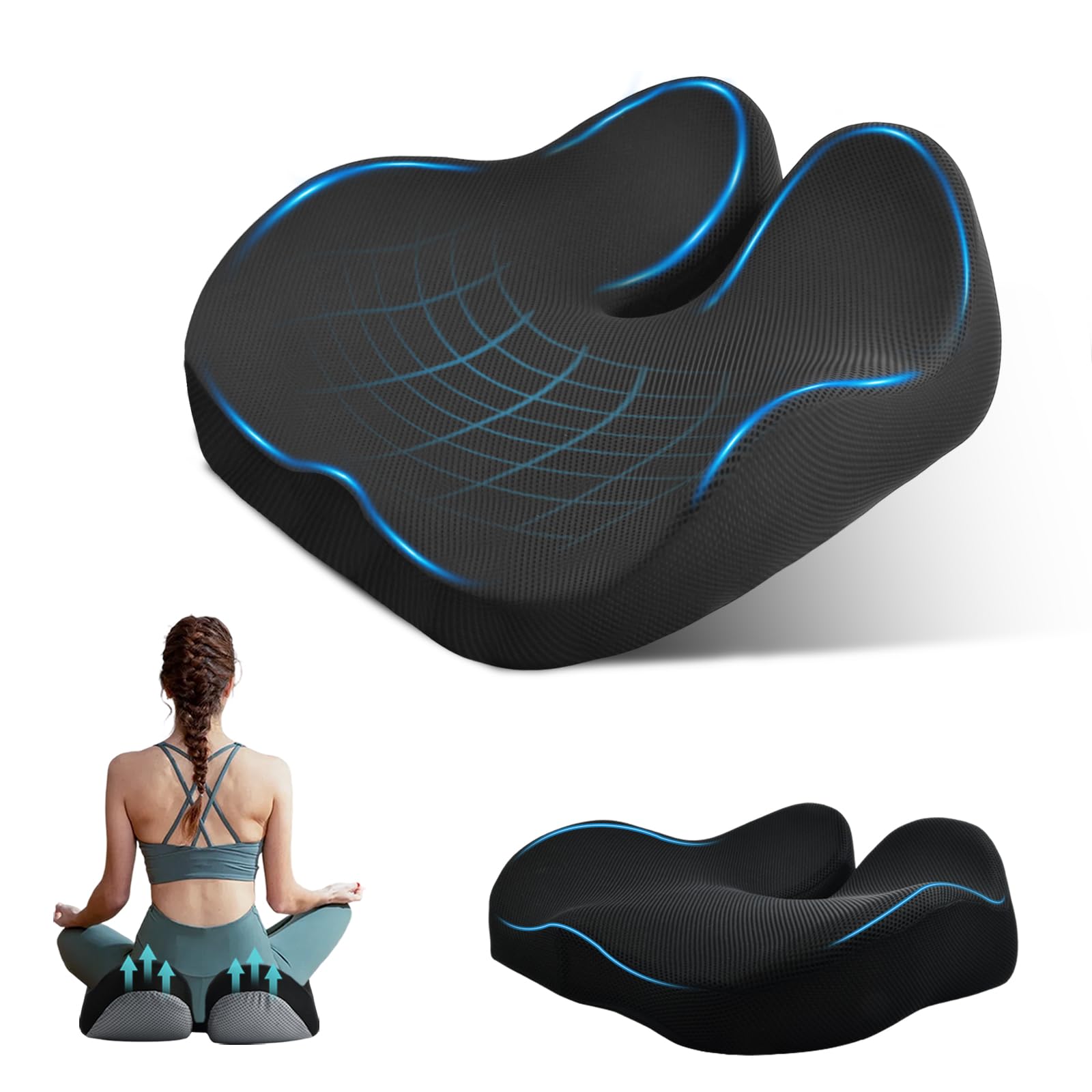 Memory Foam Seat Cushion for Long Sitting, Ergonomic Tailbone Coccyx Pain Relief, Orthopedic Viscoelastic Pad with Washable Non Slip Cover, Supportive Breathable for Office Chair Car Wheelchair