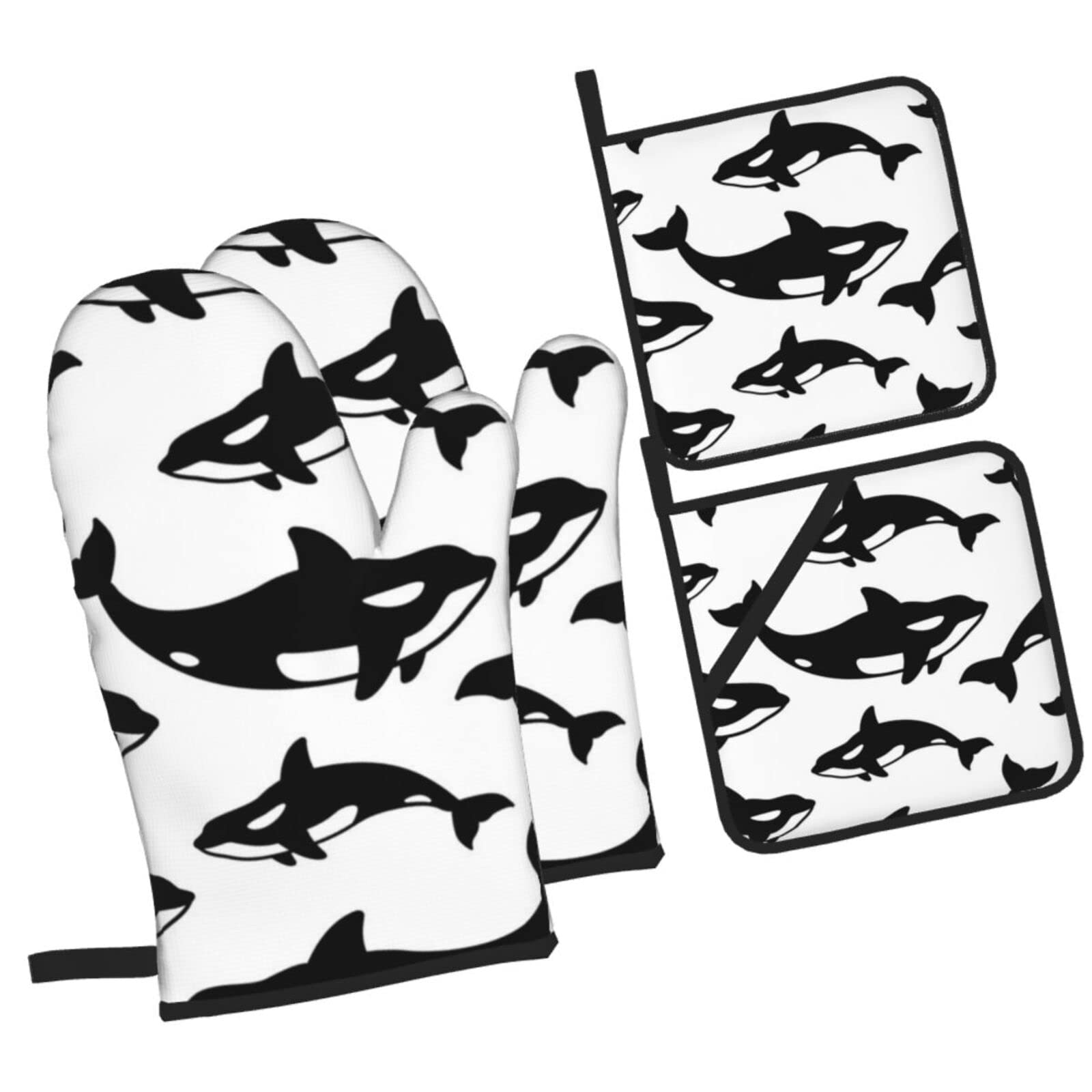 Whale Dolphin Doodle Oven Mitts and Pot Holders Sets, Christmas Oven Mitt Kitchen Heat Resistant Non-Slip Pot Holders Set for Cooking Baking BBQ