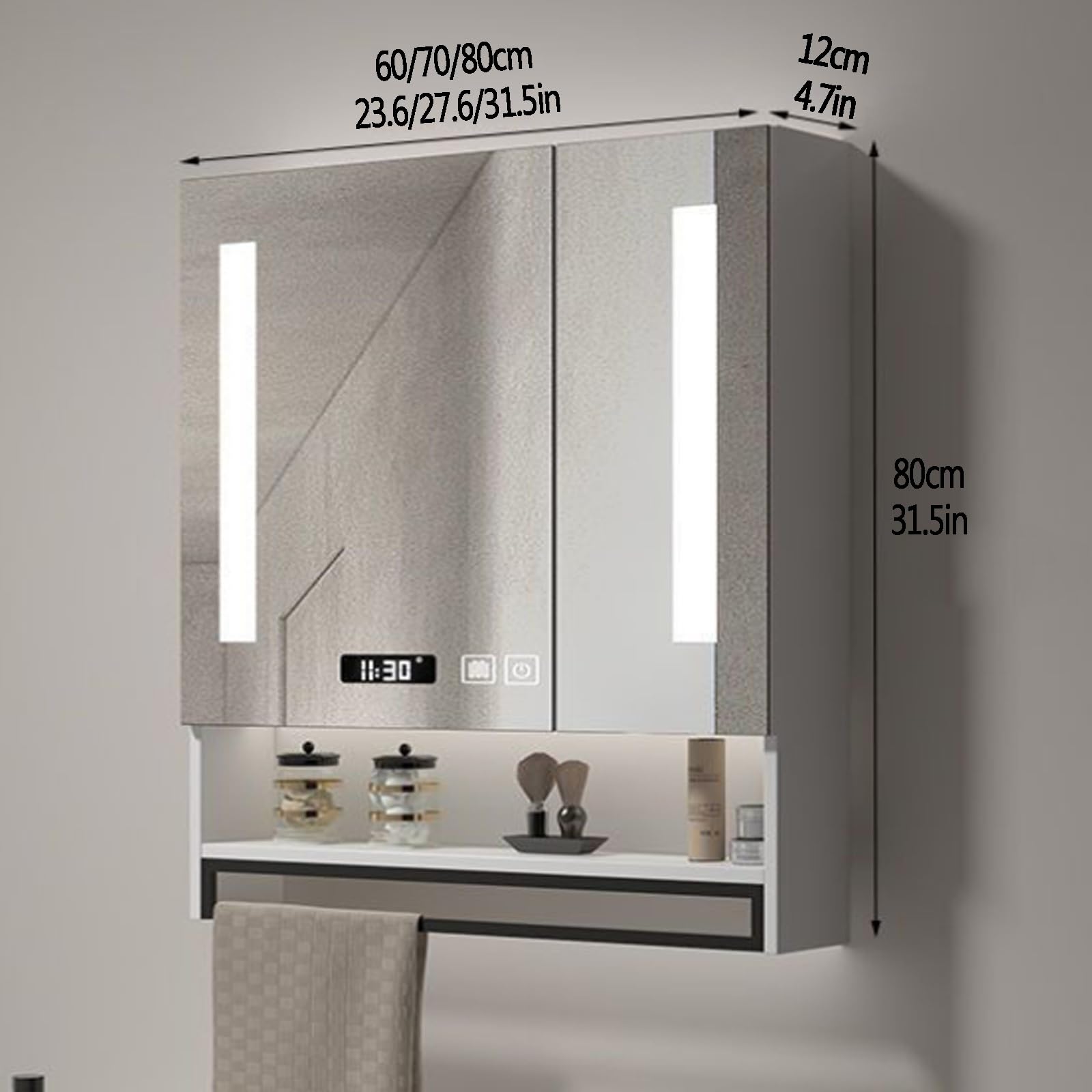 Lustro łazienkowe LED z szafką do przechowywania, montowane na ścianie, przeciwmgielne, podświetlane lusterko kosmetyczne z wyświetlaczem czasu, nowoczesny drewniany design, idealne do dekoracji domu.