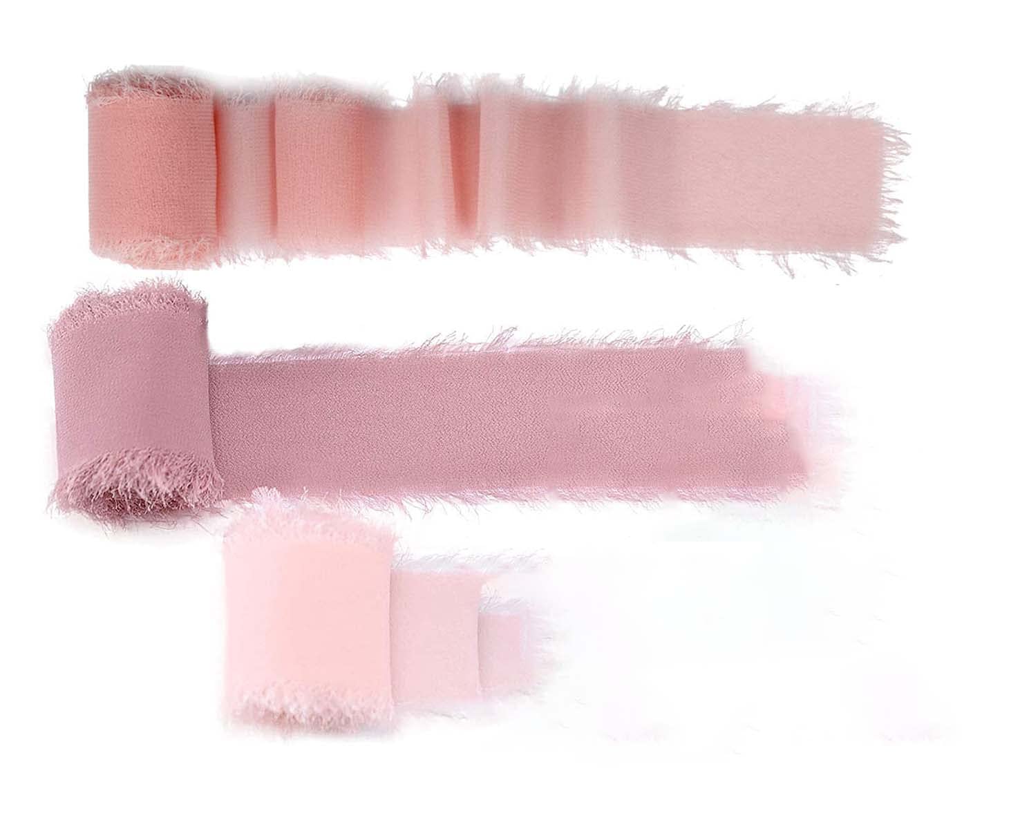 196 Inch Handmade Fringe Chiffon Silk Ribbon Cream Nude Pink Frayed Edges Ribbon for Wedding Invitations, Bridal Bouquets, Gifts Wrapping, DIY Crafts (3 Rolls Pink)