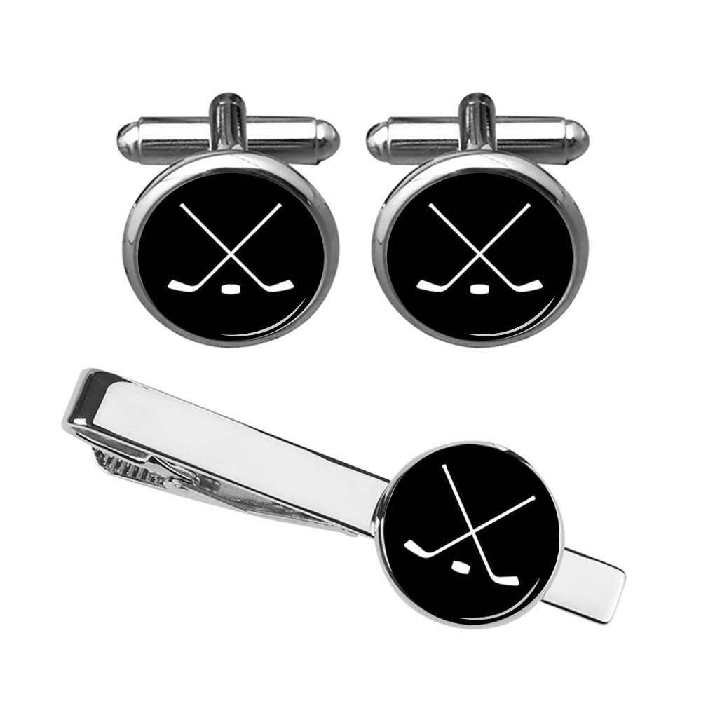 ZUNONZUNON Hockey Cufflinks & Tie Clips Ice Hockey Player Stick and Ball Team Novelty Mens Gift