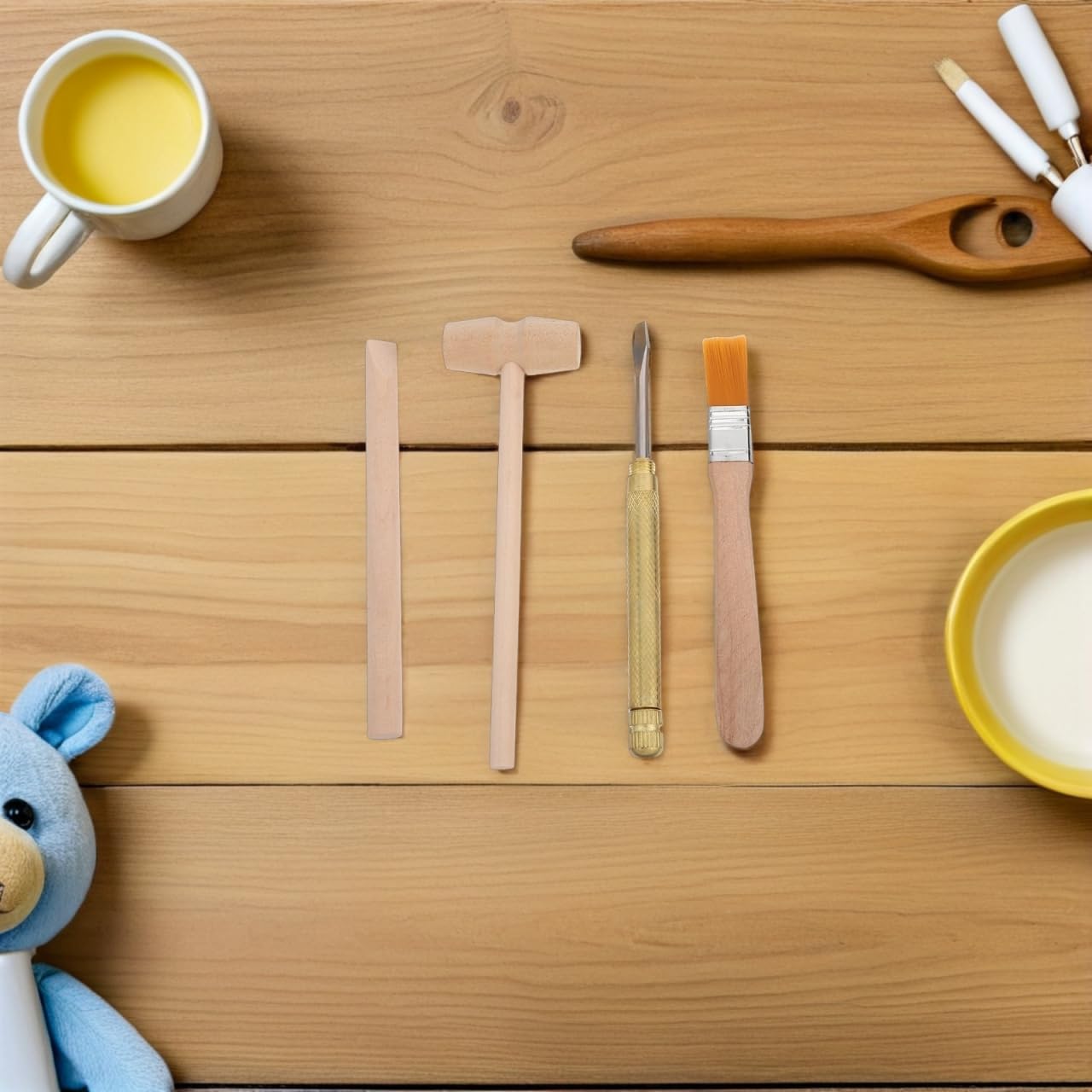 Veemoon Utensili per sepoltura in legno per bambini, martello scalpello, legno per bambini con martello scalpello pennello lente d'ingrandimento per apprendimento fai da te
