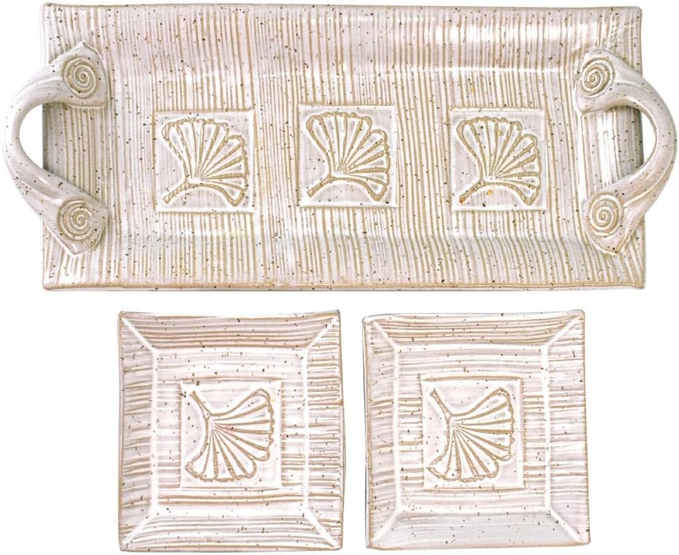American Made Ginkgo Motif 12.5" Versatile Stoneware Pottery Tray with Mini Dishes