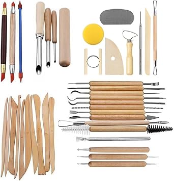KHMCRSDO Pottery Tools 40 Sets Wooden Indentation Pen Silicone Rolling Pin Clay Carving Soft Making Set