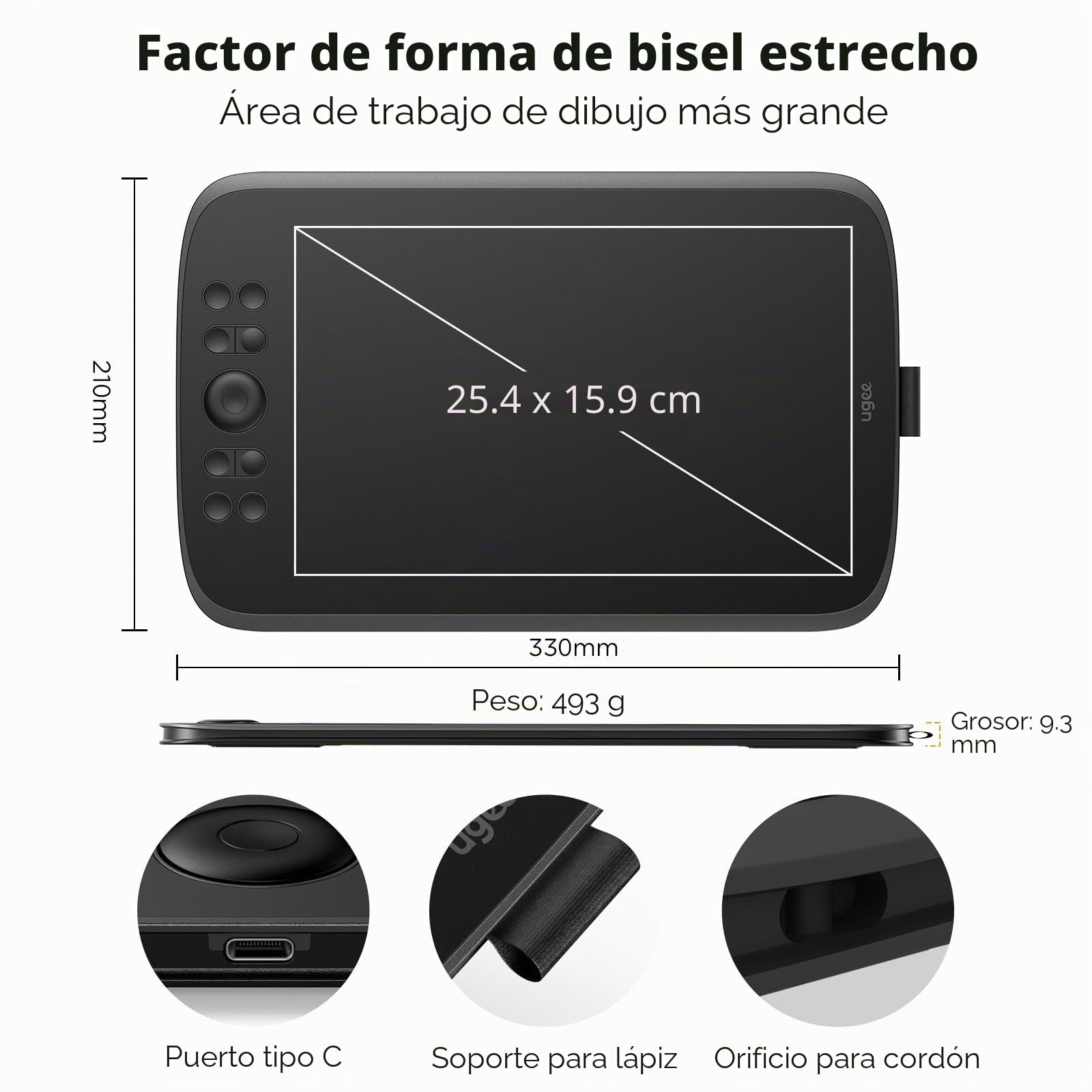 UGEE M908 Tableta gráfica de 10x6,25 Pulgadas con Rueda de Desplazamiento y 8 Teclas de Acceso Directo, lápiz pasivo con 8192 Niveles, Compatible con Windows/Mac/Android