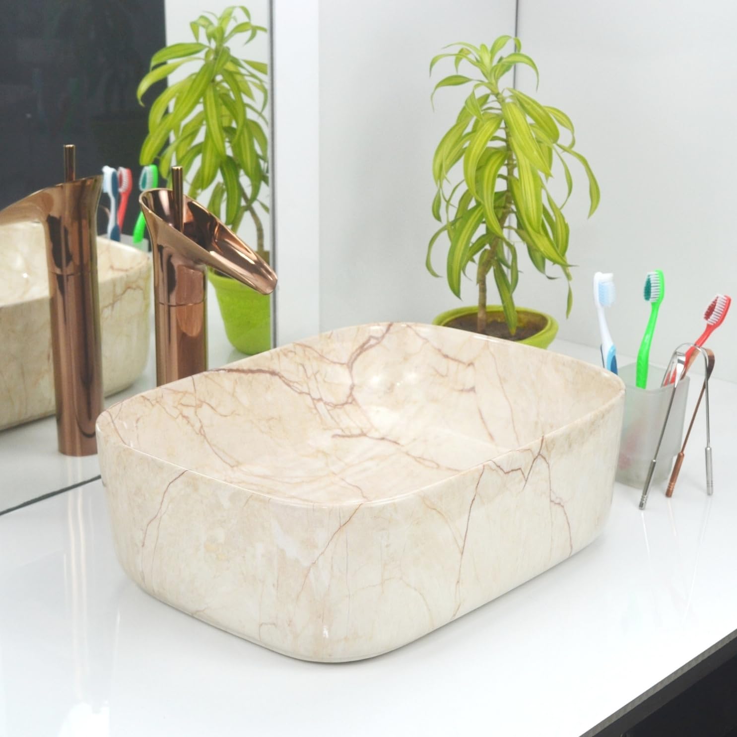 Reyal Marble Wash Basin - Ivory Gold Vessel Sink -1