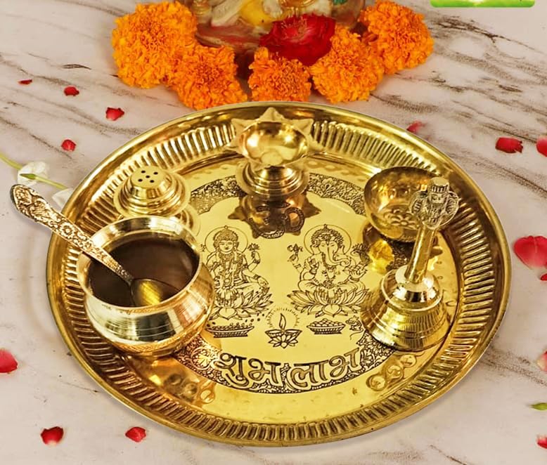 Pooja Thali de latón juego de 7 piezas de 8.8 pulgadas para rituales y aarti indio tradicional
