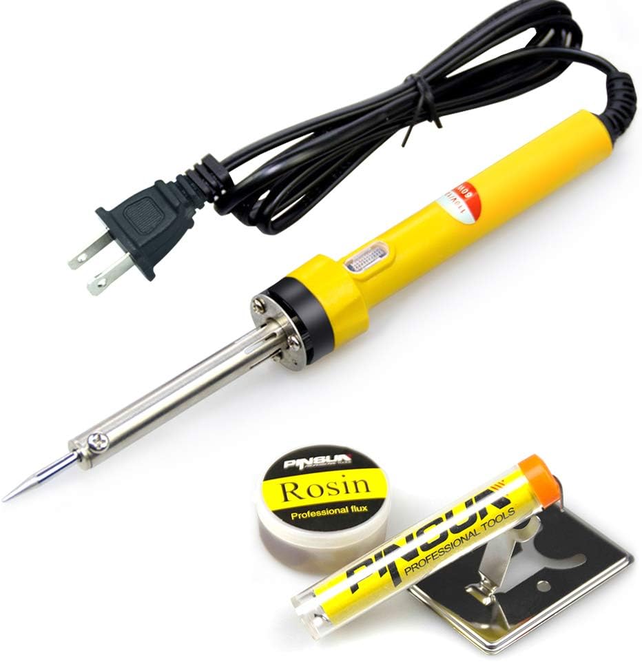 Soldering Iron, Soldering Iron Kit Electronics 60W 110V, Chrome Plated Steel Straight Tip Head Design with Power Indicator Light, Solder Wire 1.0mm Dia, Rosin, Cleaning Sponge, Holder