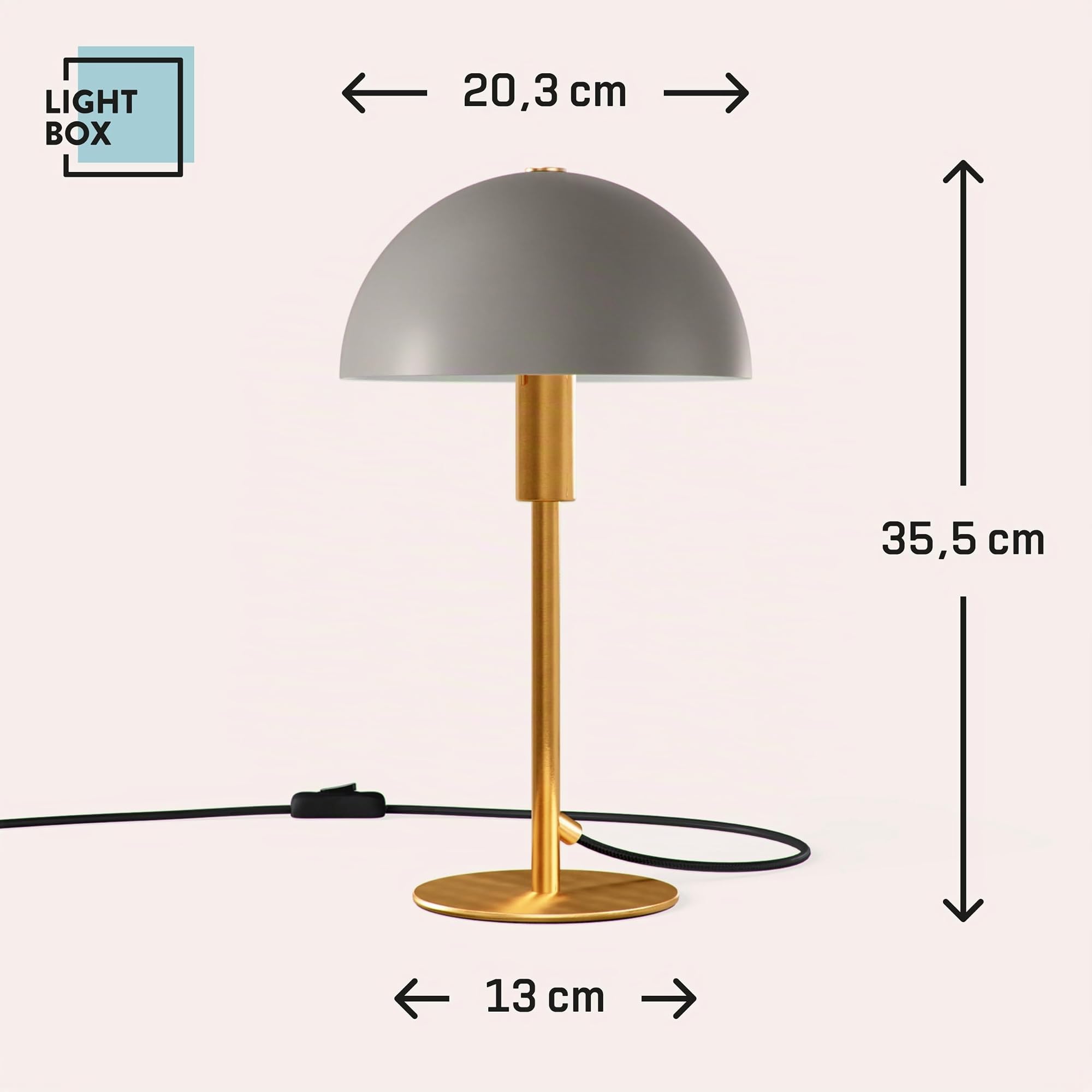 Lightbox Pilz Tischlampe | 36 cm Höhe, Ø 20 cm | Tischleuchte mit Wipp-Schalter | glamouröse LED Lampe als Nachttischlampe für das Schlafzimmer | E14 | aus Metall in Goldfarben/Matt Taupe/Grau