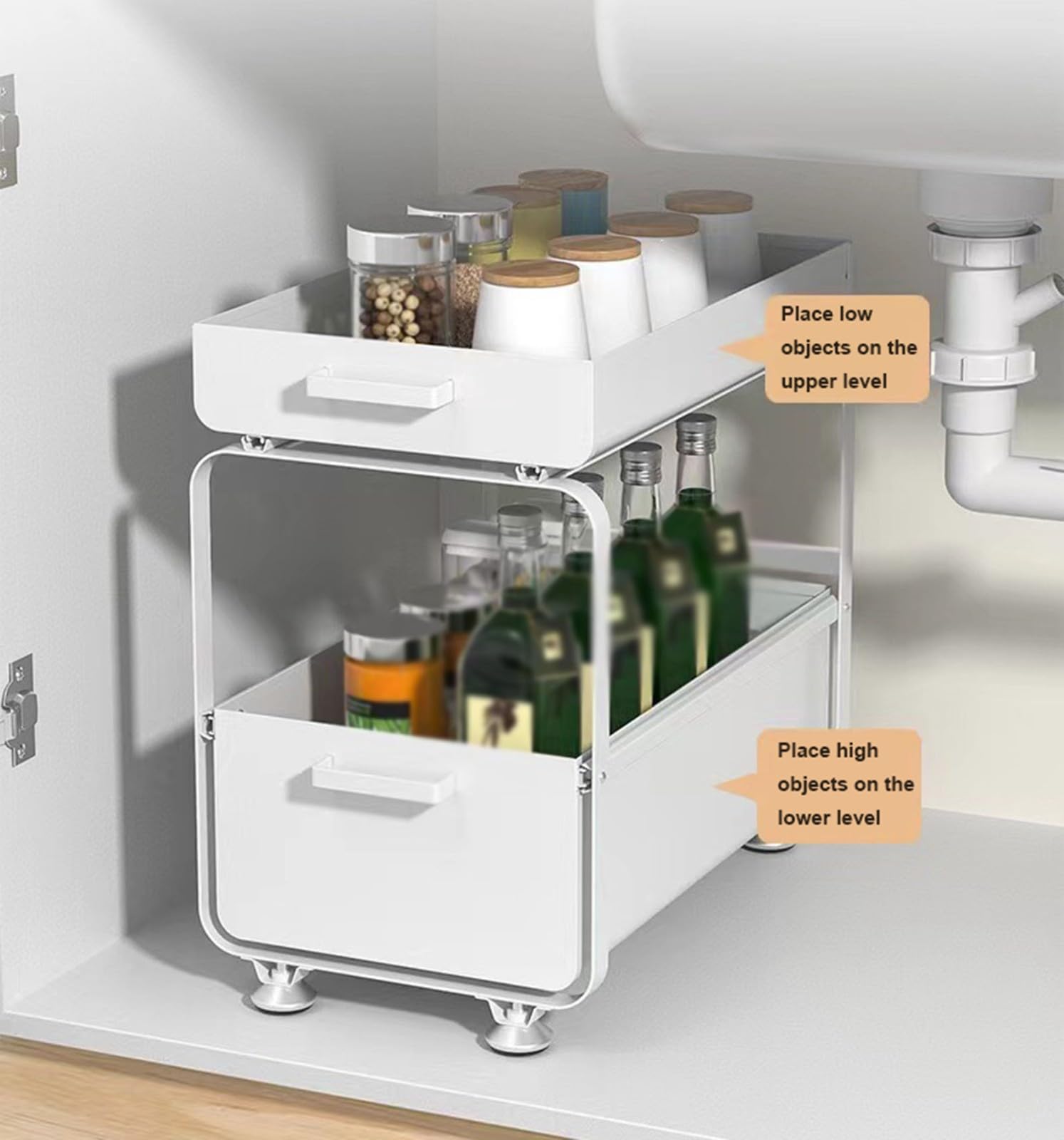 Cesta organizadora deslizante de 2 niveles para almacenamiento de cocina y baño, estante debajo del gabinete, solución de cajón que ahorra espacio, color blanco
