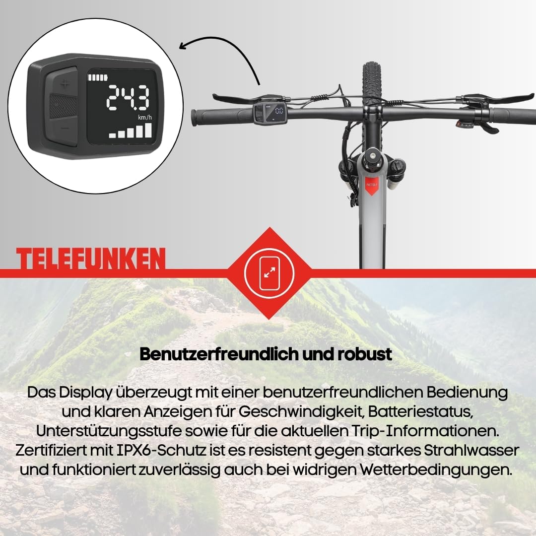 TELEFUNKEN E-Bike Mountainbike 29 Zoll für Herren und Damen | Elektrofahrrad mit 250W Hinterradmotor & 468 Wh Akku | 7-Gang Kettenschaltung | Scheibenbremsen | MTB Hardtail Pedelec