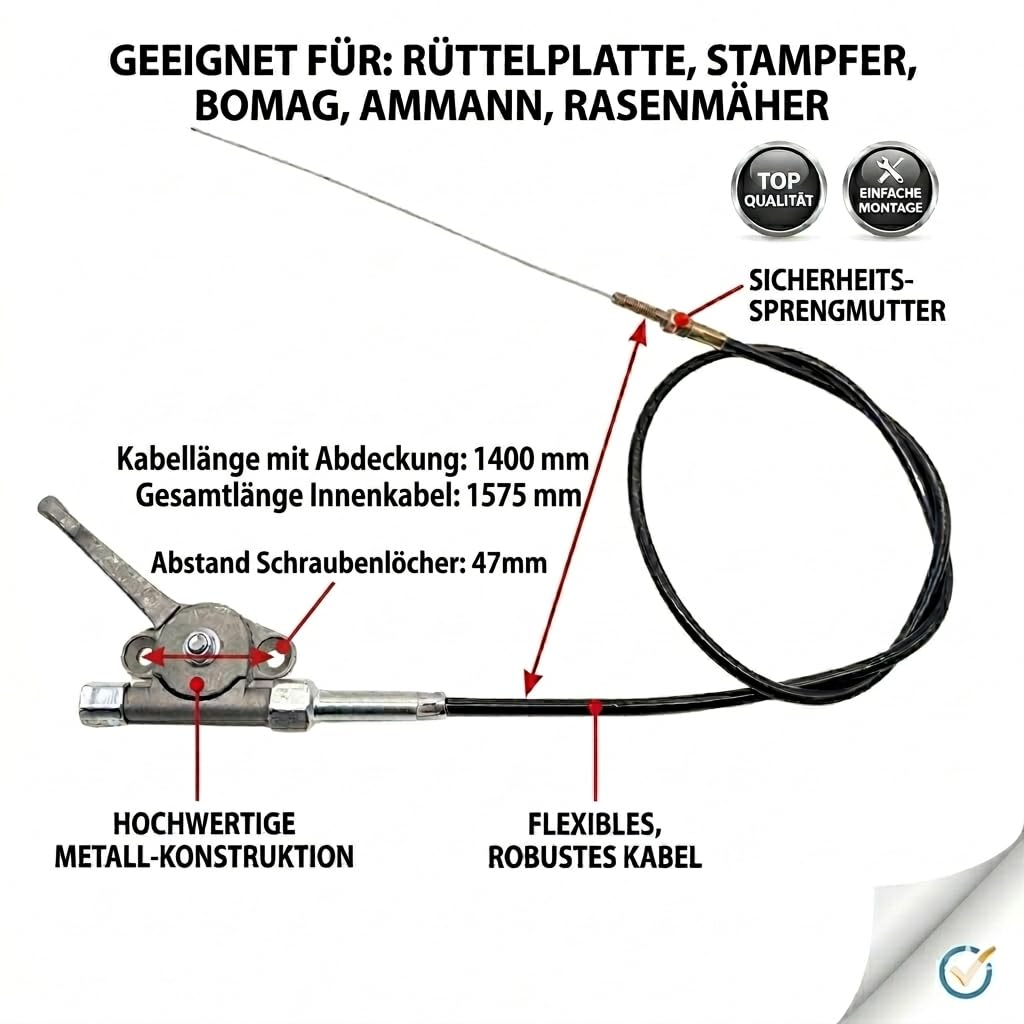Gashebel mit Seilzug 1400mm | Universal Gaszug für Rüttelplatte, Stampfer, Rasenmäher | passend für Bomag, Ammann u.v.m | Robuste Metall Konstruktion inkl. Sicherheitsmutter,Gewinde und Schrauben