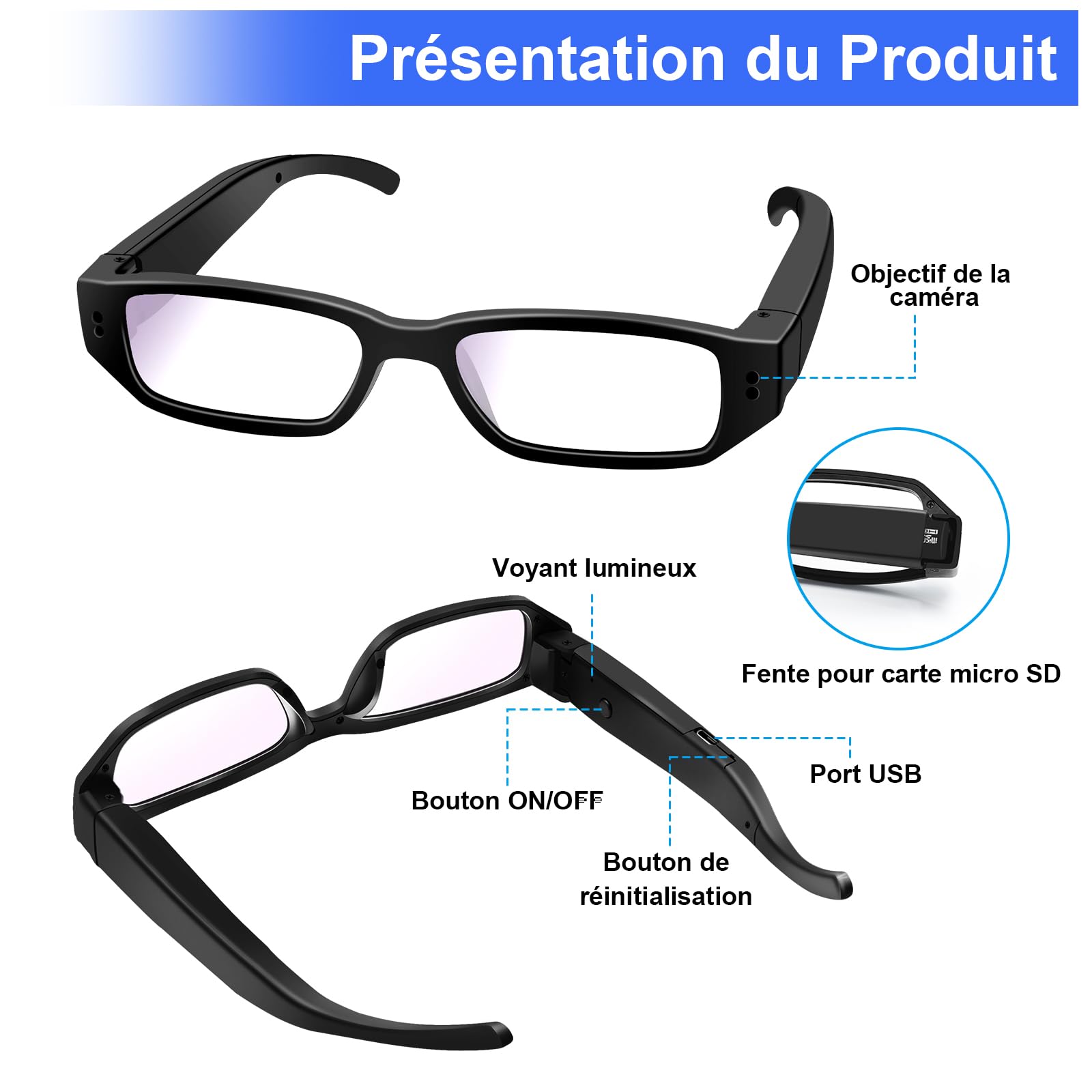 Caméra Espion Cachée 16G, Caméra Cachée dans des Lunettes