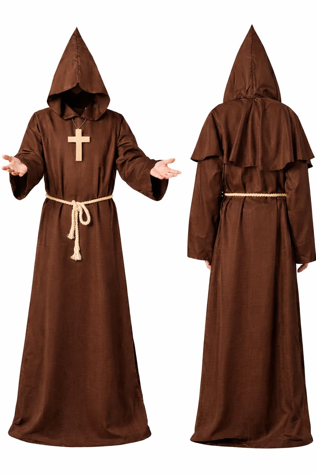 TK Gruppe Timo Klingler Disfraz de sacerdote de monje con cruz y capucha – Carnaval y Halloween – Caballero de monje para hombre y mujer