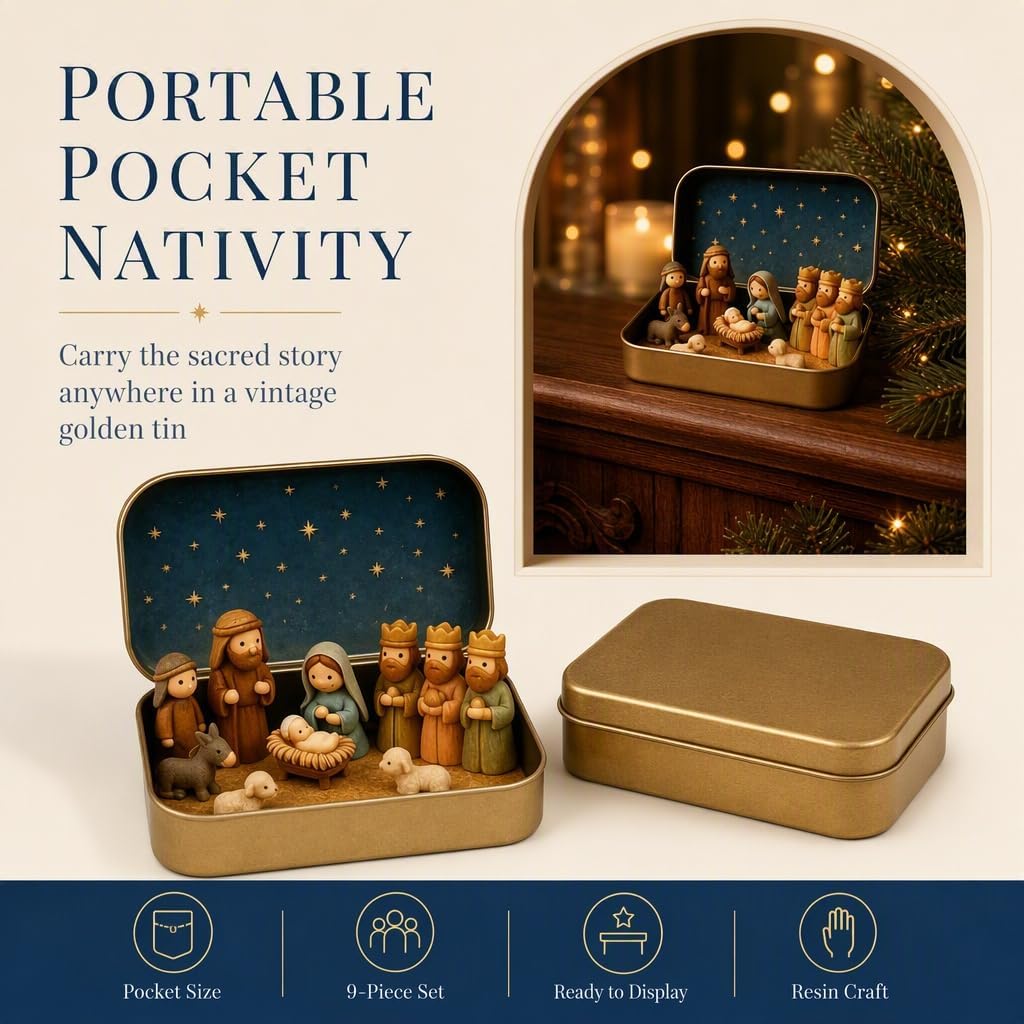 3PC Mini Christmas Nativity Set in Tin Box, Handcrafted Pocket Size Holy Family Figurines, Tabletop Mantel Decor, Meaningful Christmas Stocking Stuffer Gift for Family Church Members