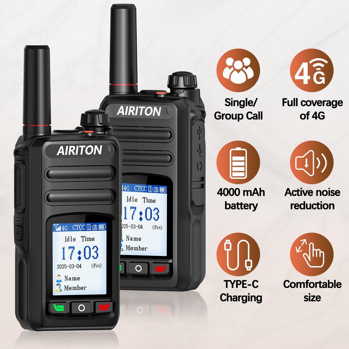 Infographic highlighting key features: Single/Group Call, Full coverage of 4G, 4000 mAh battery, Active noise reduction, Type-C Charging, Comfortable size.