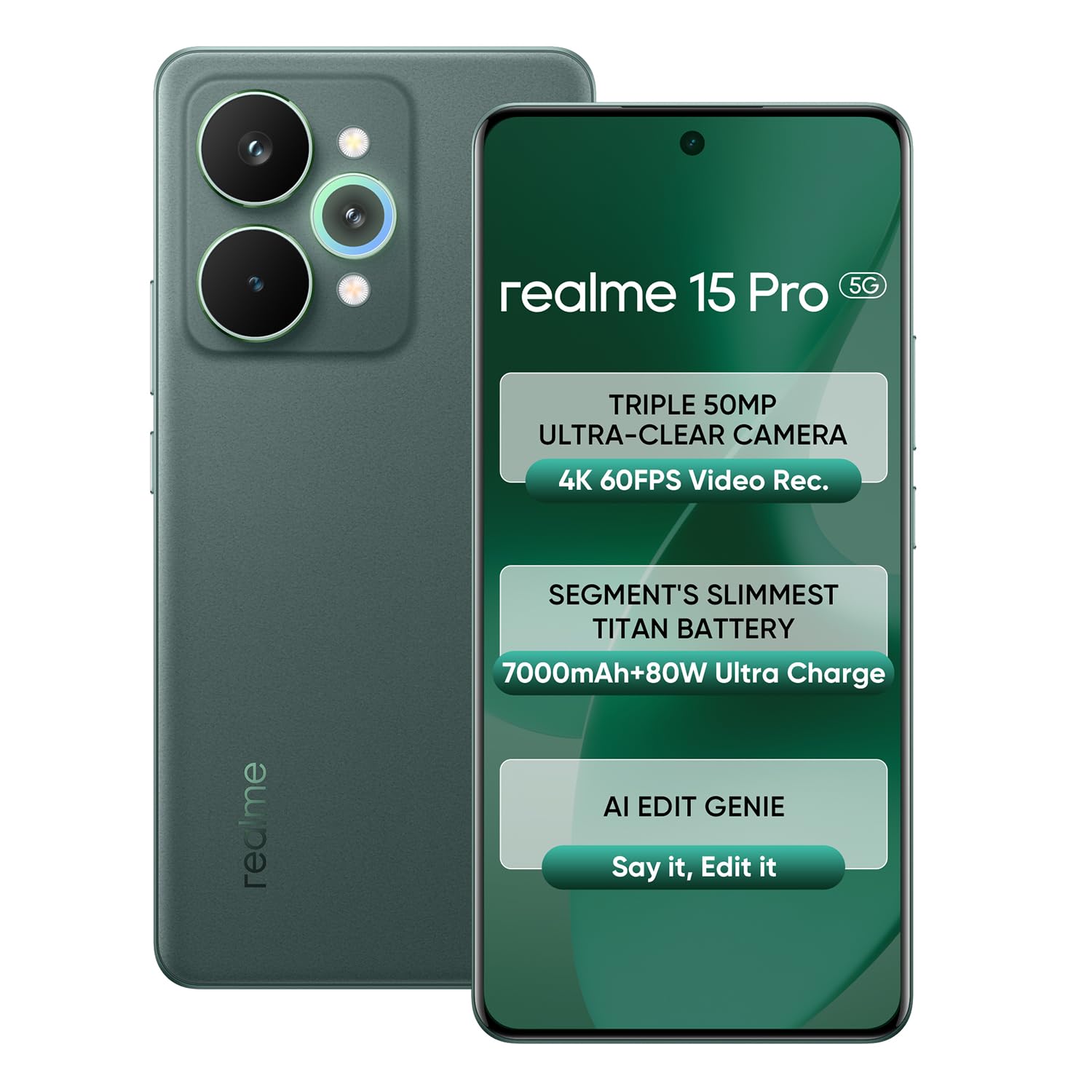 realme 15 Pro 5G Smartphone 12+256GB Green,4K 60FPS,144Hz HyperGlow 4D Curve Display,7000mAh Battery,80W SuperVOOC, Camera Triple 50MP, Snapdragon 7 Gen 4, IP69 realme 15 Pro 5G Smartphone 12+256GB Green,4K 60FPS,144Hz HyperGlow 4D Curve Display,7000mAh Battery,80W SuperVOOC, Camera Triple 50MP, Snapdragon 7 Gen 4, IP69
